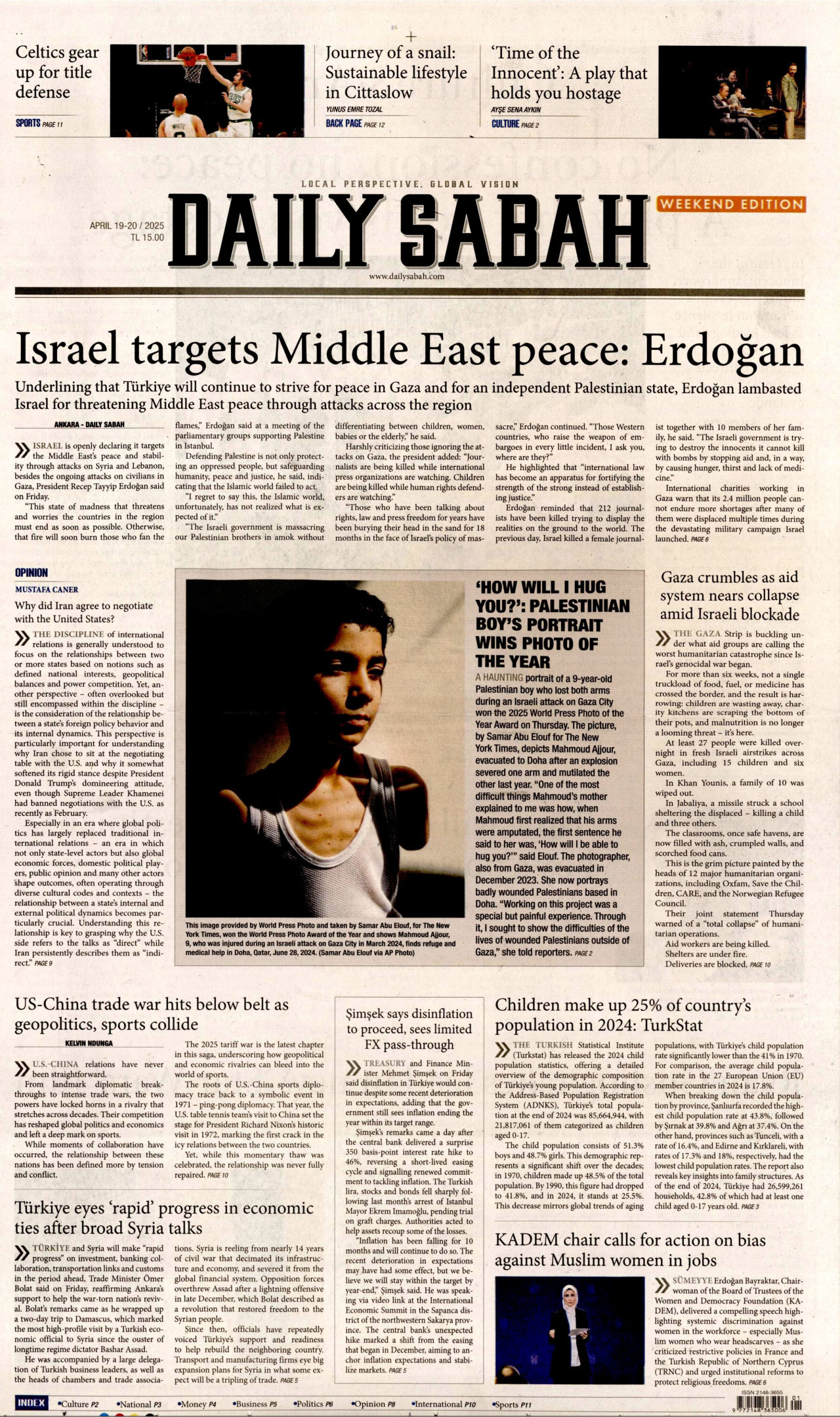 DAİLY SABAH gazetesinin 19 Nisan 2025 tarihli birinci sayfası