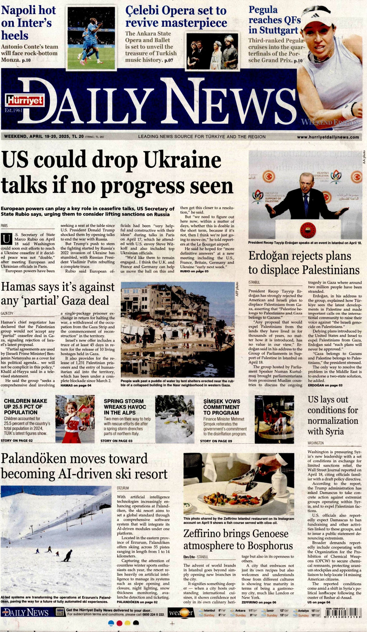 HÜRRİYET DAİLY NEWS gazetesinin 19 Nisan 2025 tarihli birinci sayfası