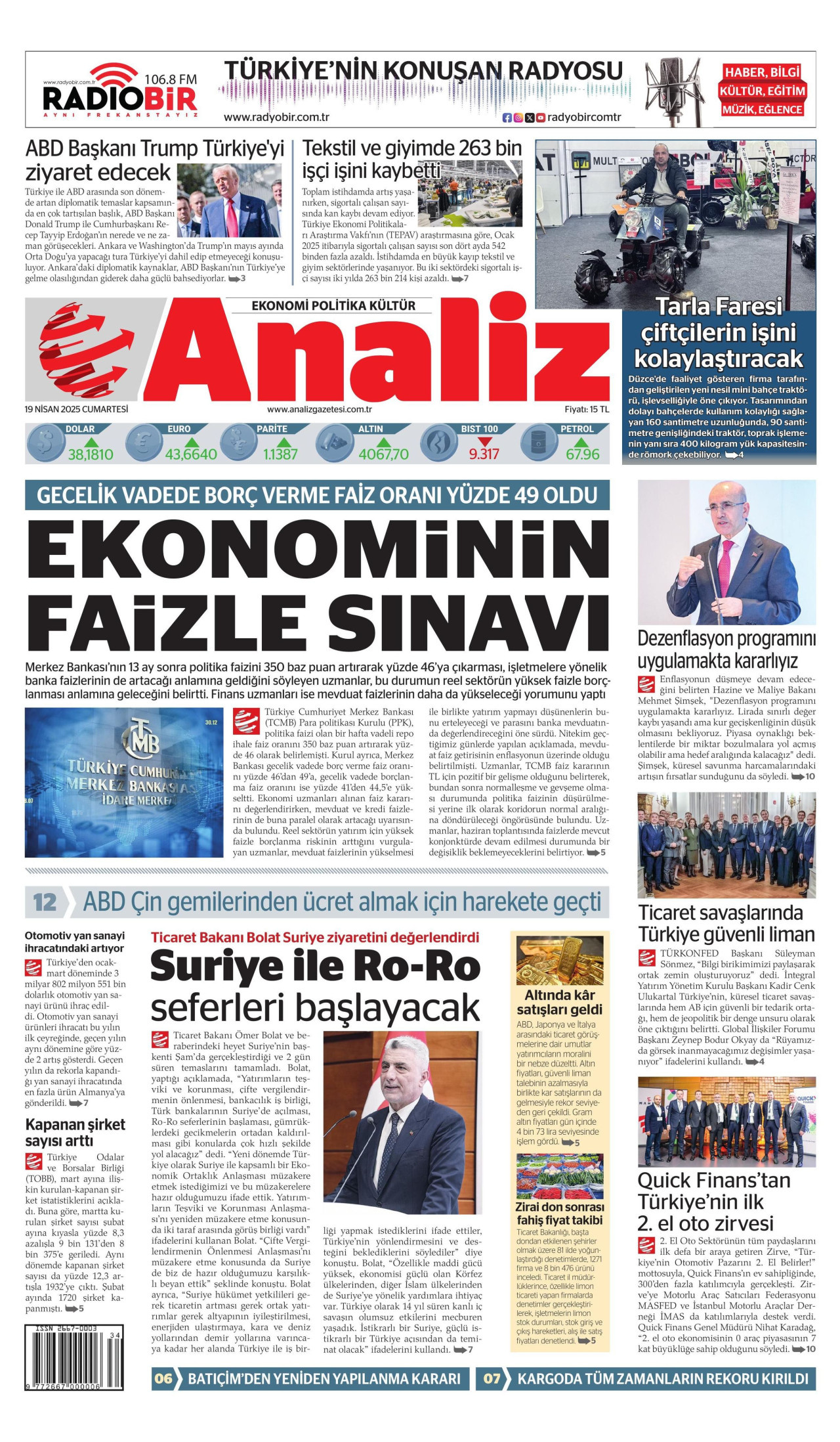 ANALİZ gazetesinin 19 Nisan 2025 tarihli birinci sayfası