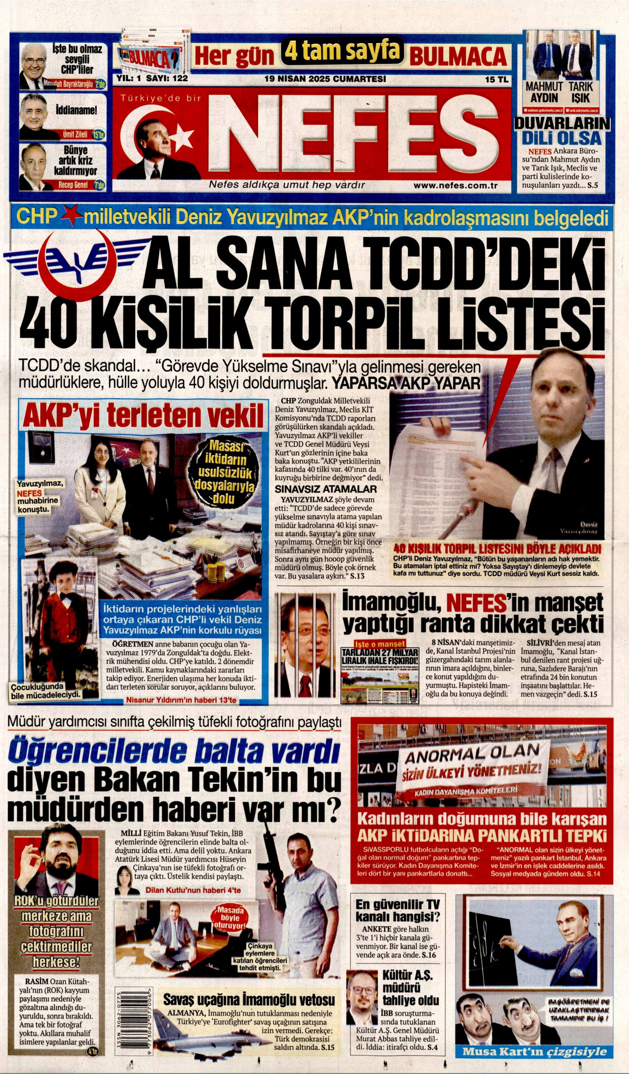 NEFES gazetesinin 19 Nisan 2025 tarihli birinci sayfası