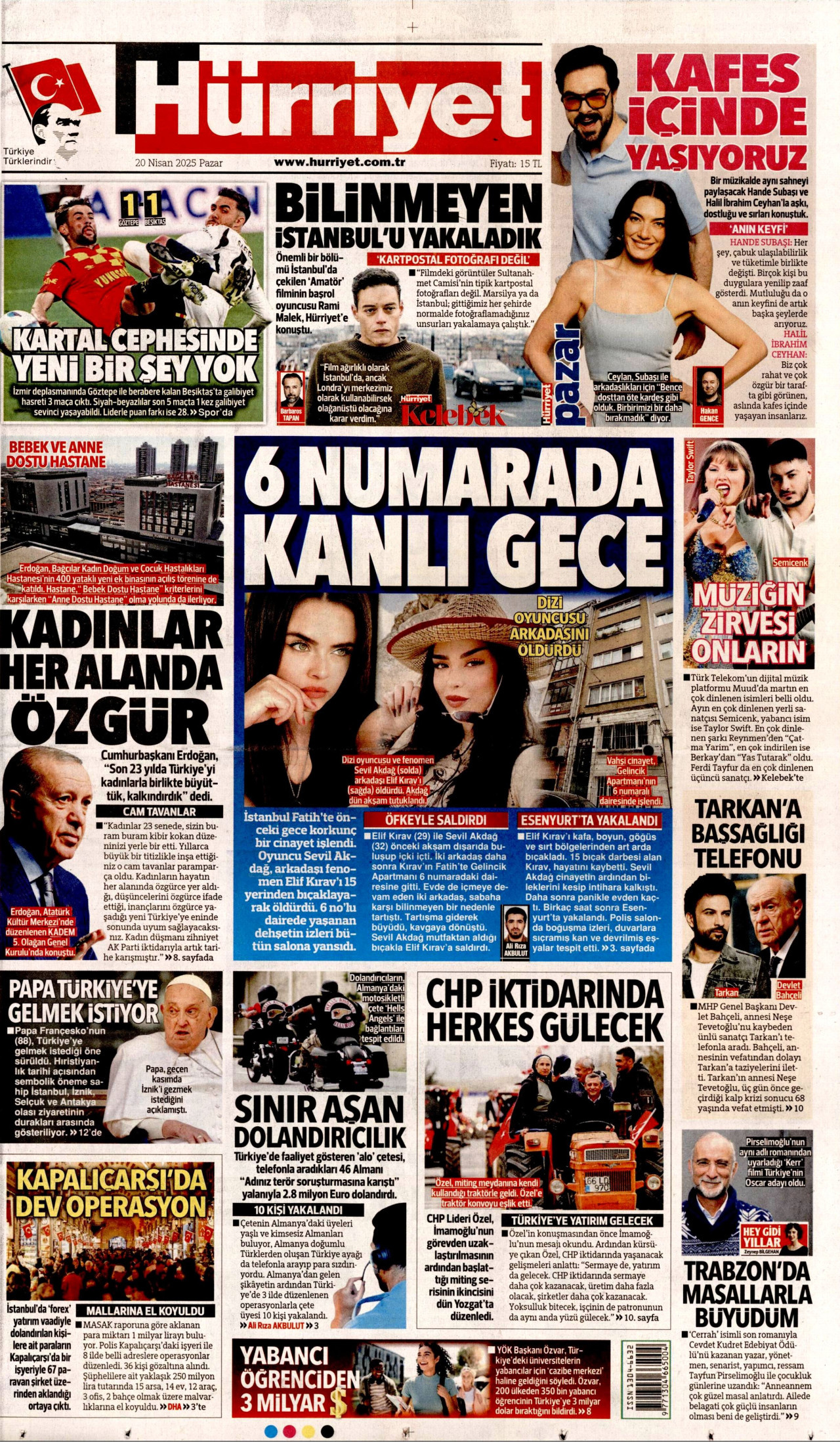 HÜRRİYET gazetesinin 20 Nisan 2025 tarihli birinci sayfası