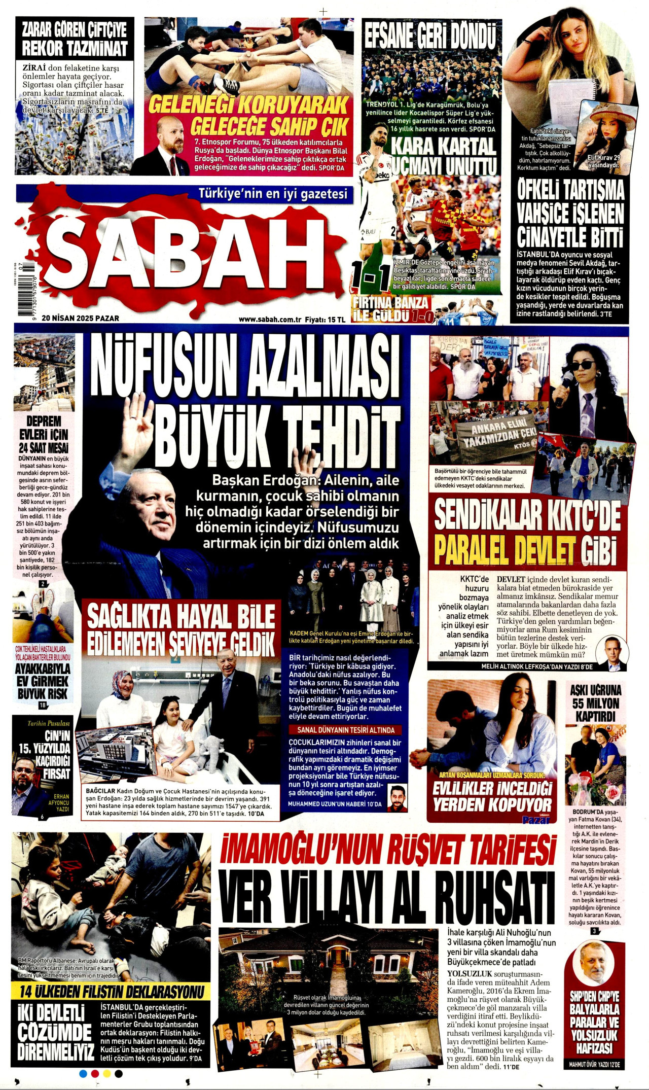 SABAH gazetesinin 20 Nisan 2025 tarihli birinci sayfası
