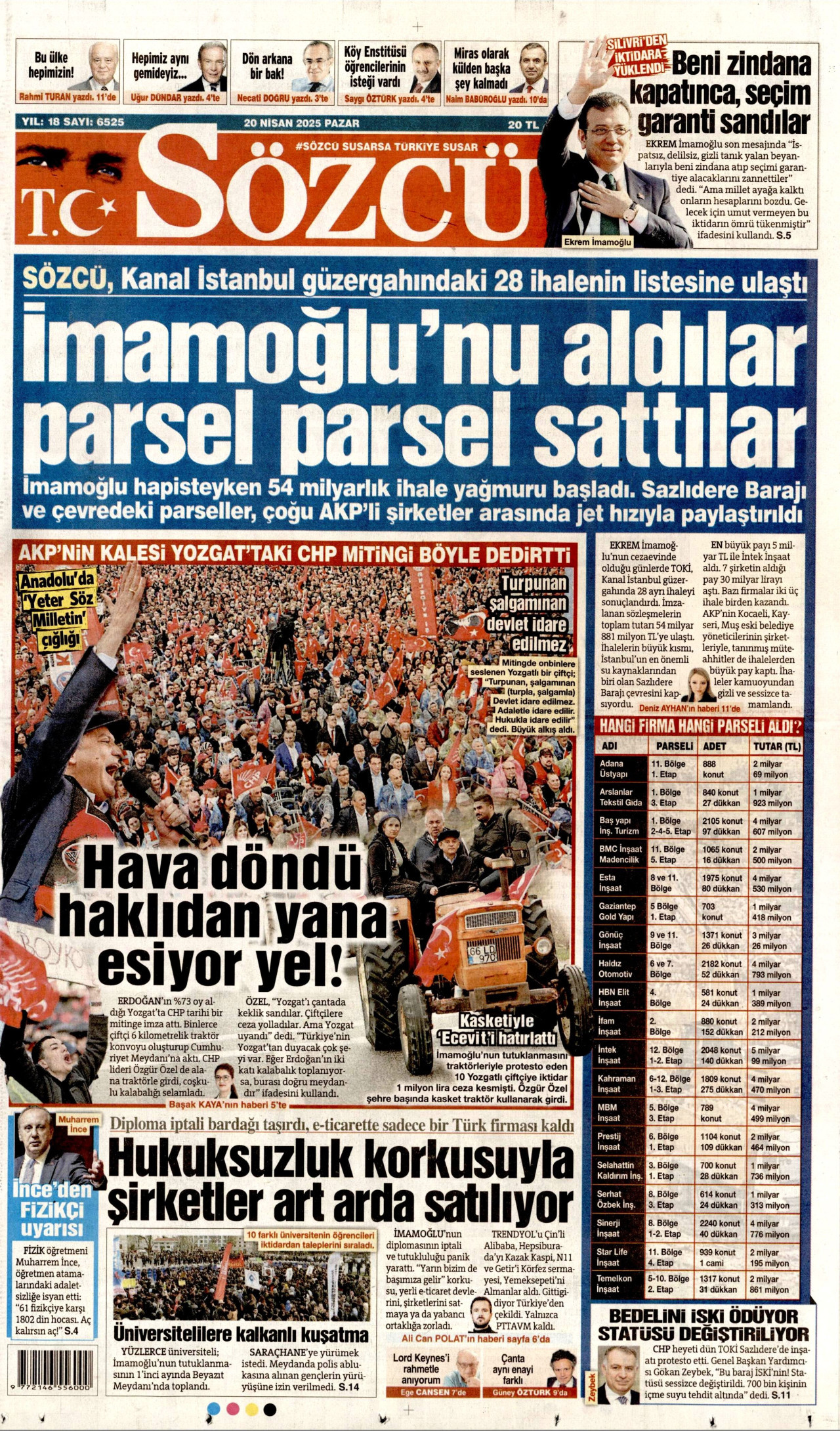 SÖZCÜ gazetesinin 20 Nisan 2025 tarihli birinci sayfası