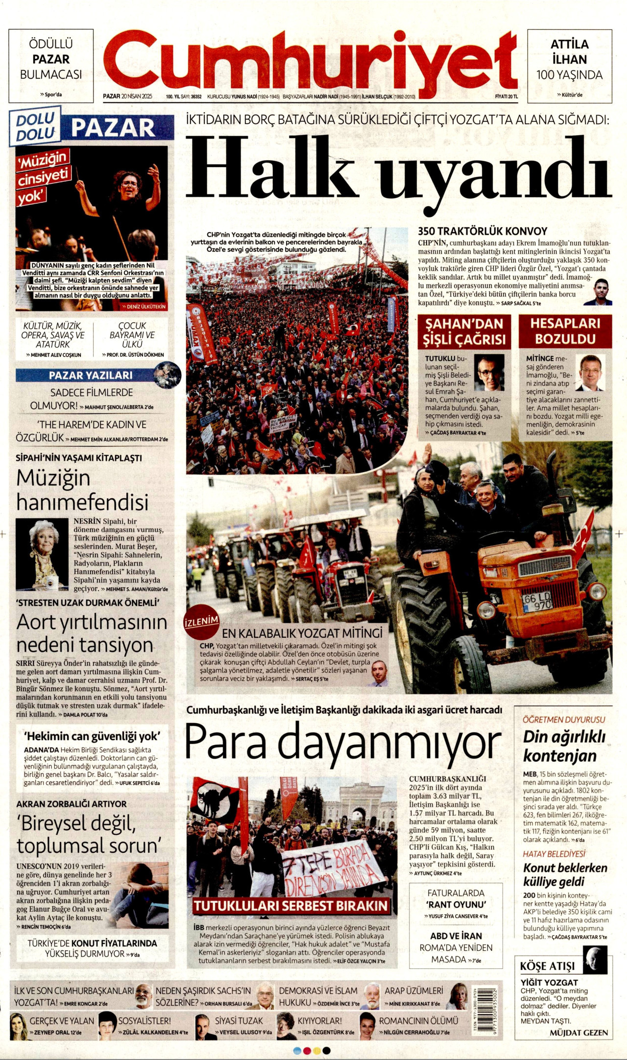 CUMHURİYET gazetesinin 20 Nisan 2025 tarihli birinci sayfası