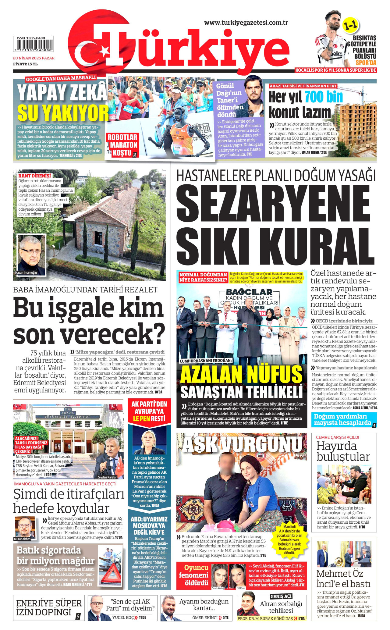 TÜRKİYE GAZETESİ gazetesinin 20 Nisan 2025 tarihli birinci sayfası