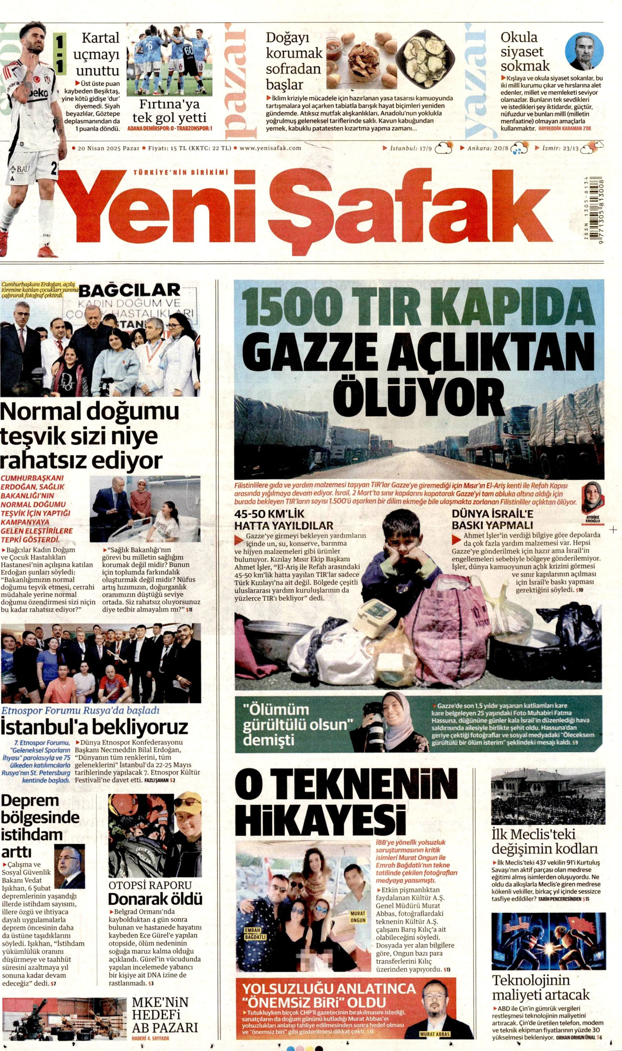 YENİ ŞAFAK gazetesinin 20 Nisan 2025 tarihli birinci sayfası