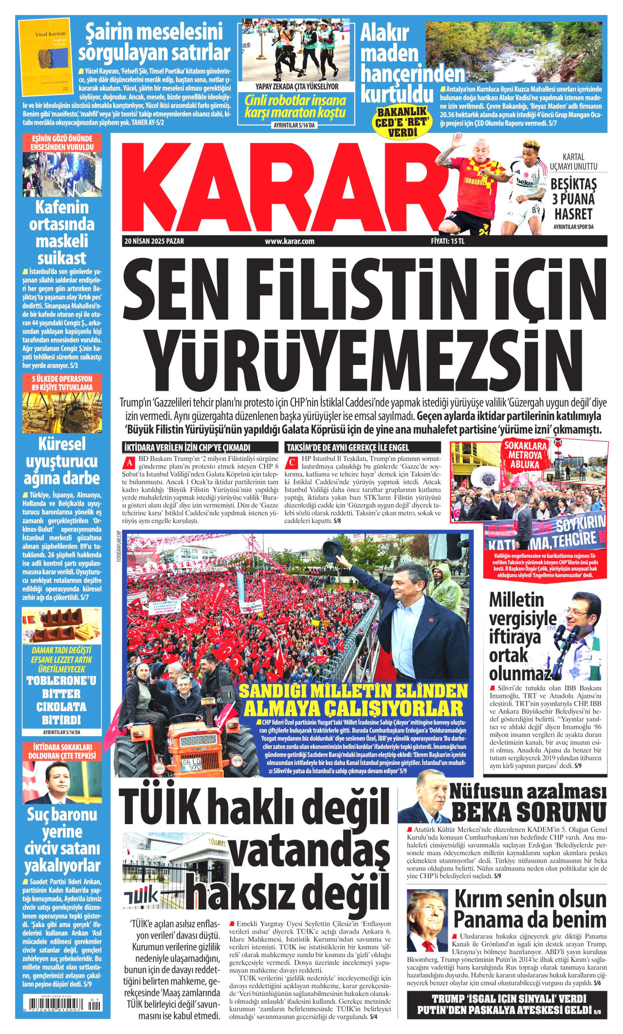 KARAR gazetesinin 20 Nisan 2025 tarihli birinci sayfası