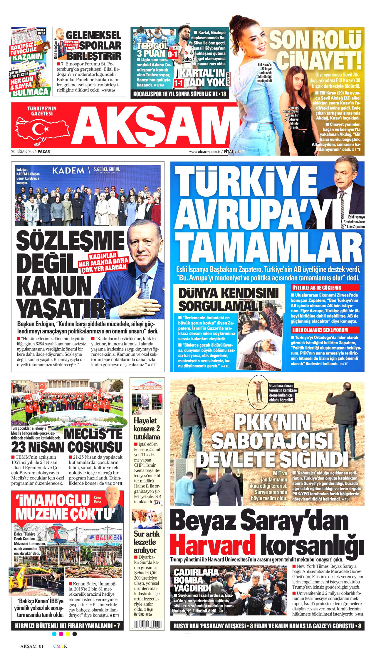 AKŞAM gazetesinin 20 Nisan 2025 tarihli birinci sayfası