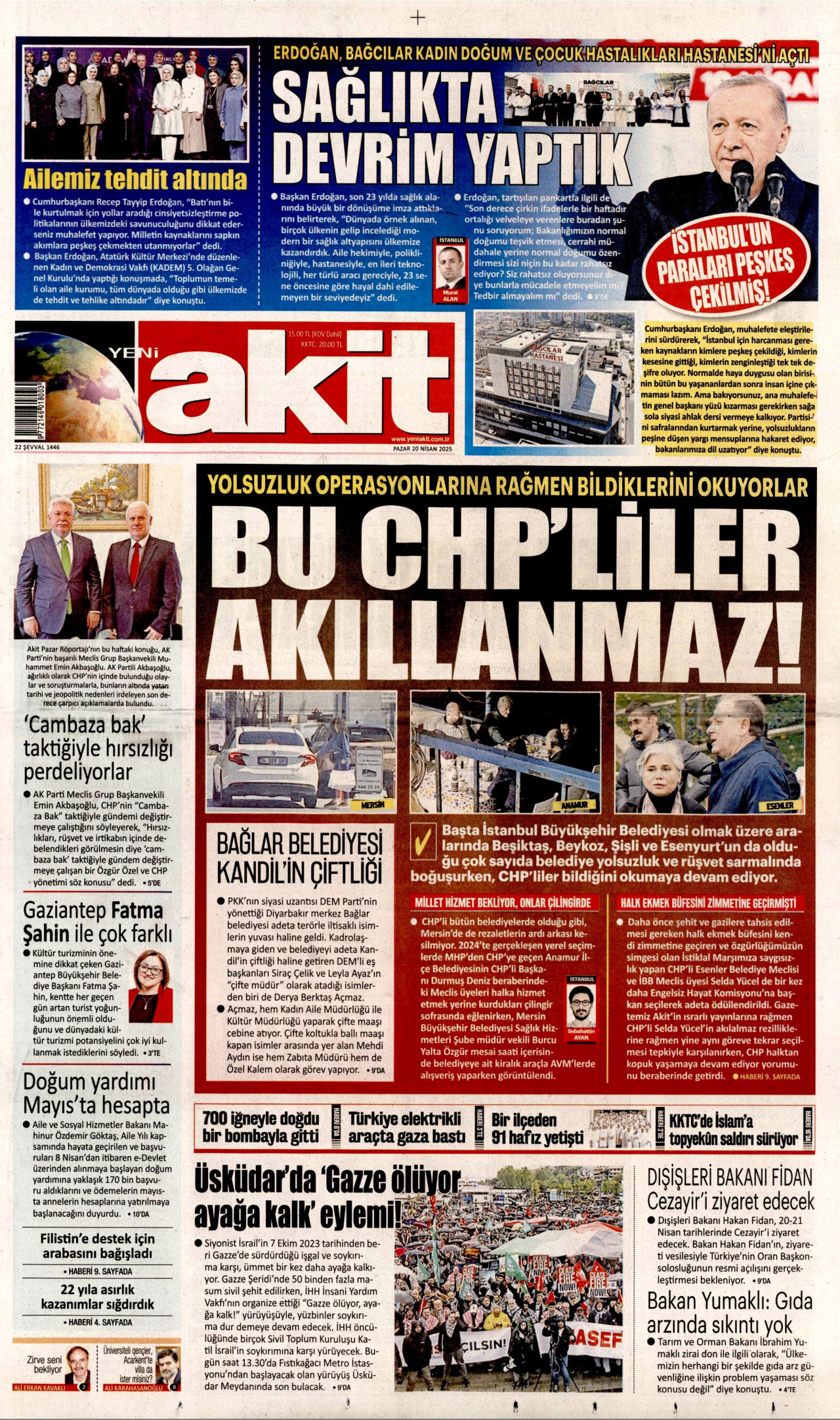 YENİ AKİT gazetesinin 20 Nisan 2025 tarihli birinci sayfası