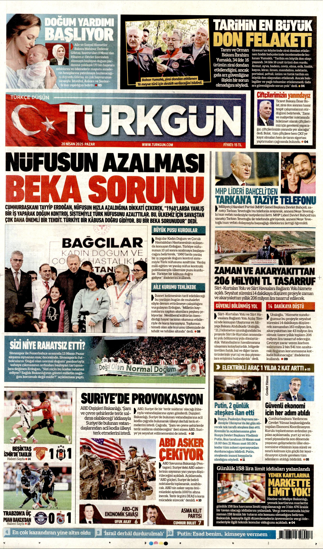 TÜRKGÜN gazetesinin 20 Nisan 2025 tarihli birinci sayfası