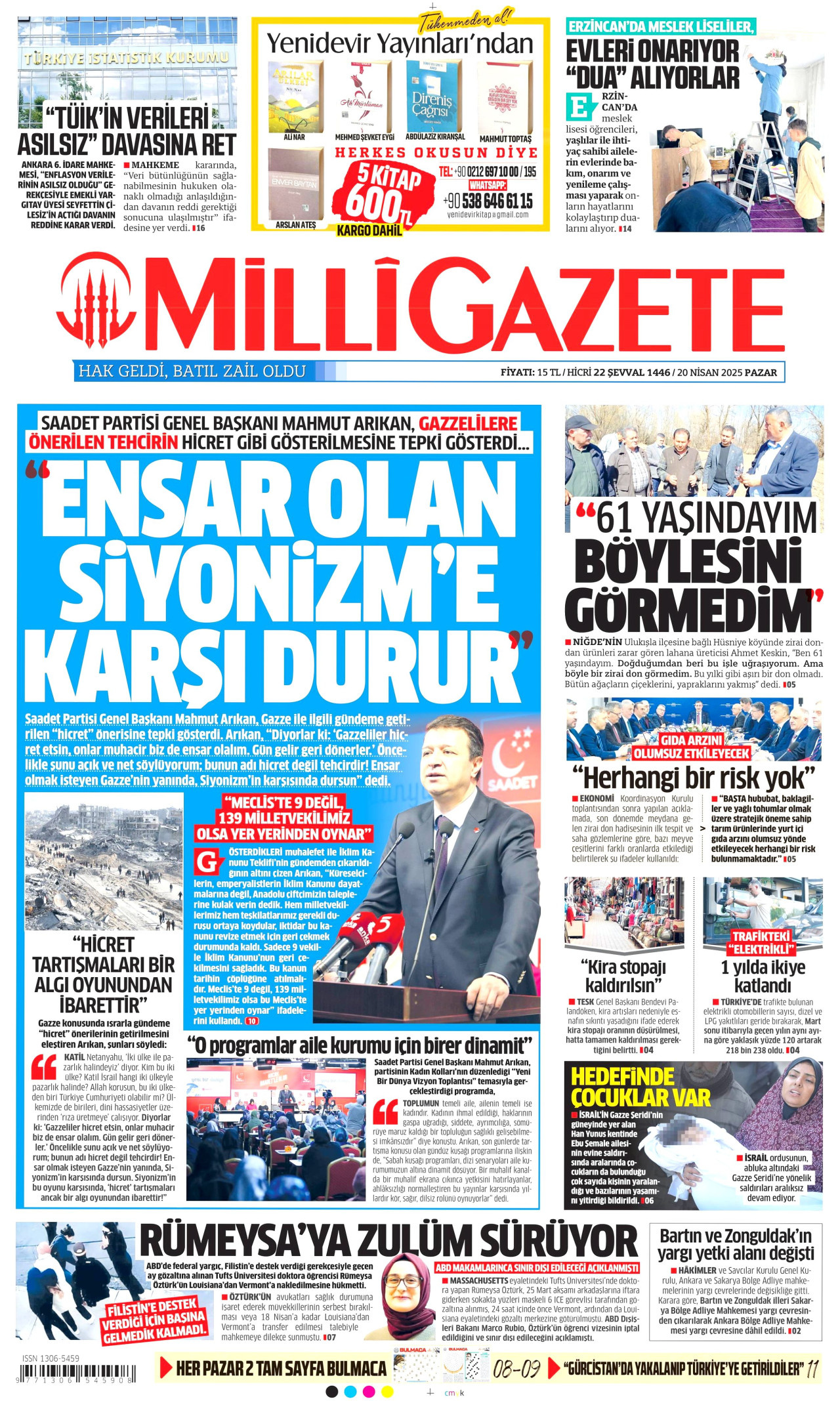 MİLLİ GAZETE gazetesinin 20 Nisan 2025 tarihli birinci sayfası