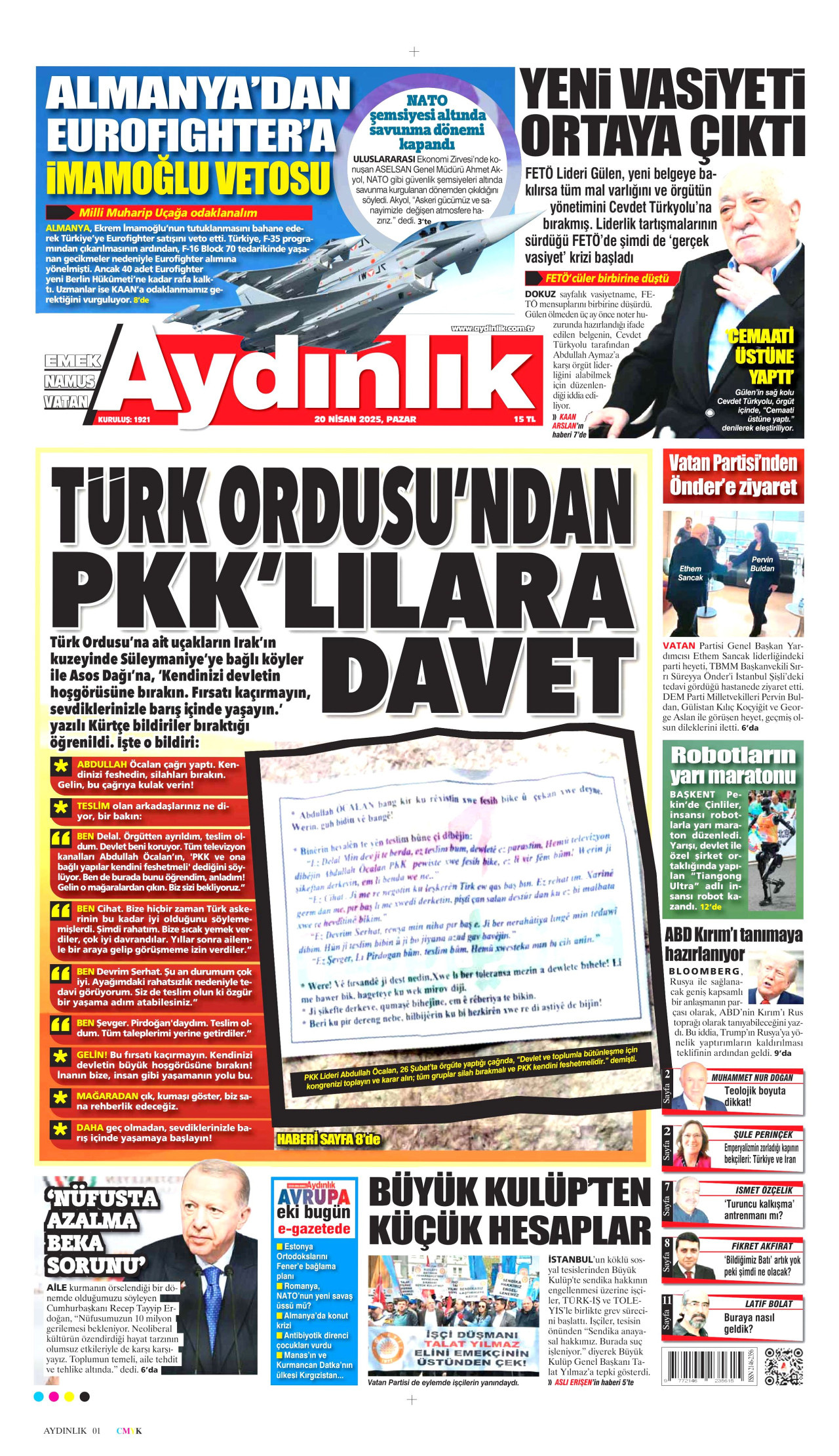 AYDINLIK GAZETESİ gazetesinin 20 Nisan 2025 tarihli birinci sayfası