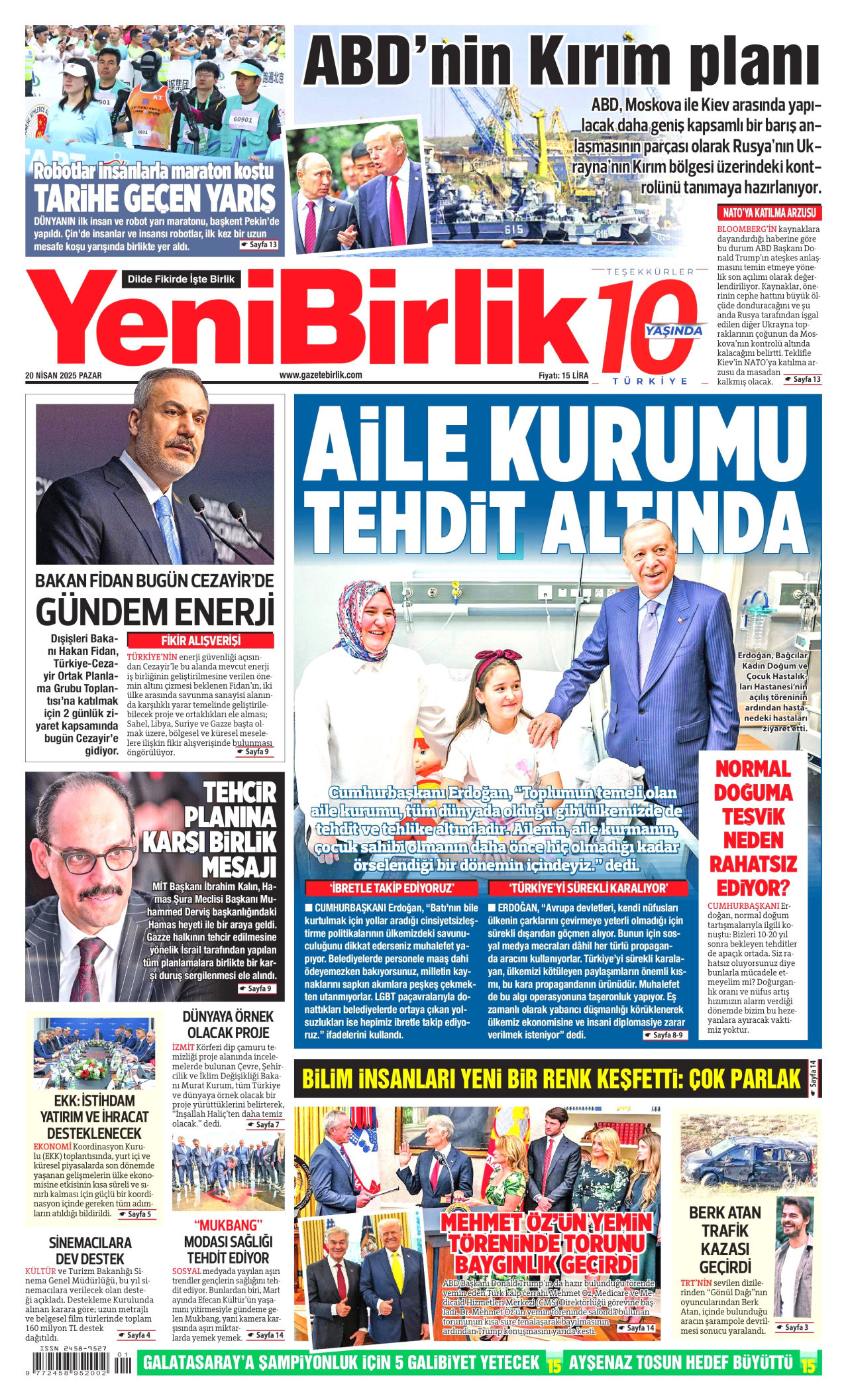 YENİBİRLİK gazetesinin 20 Nisan 2025 tarihli birinci sayfası