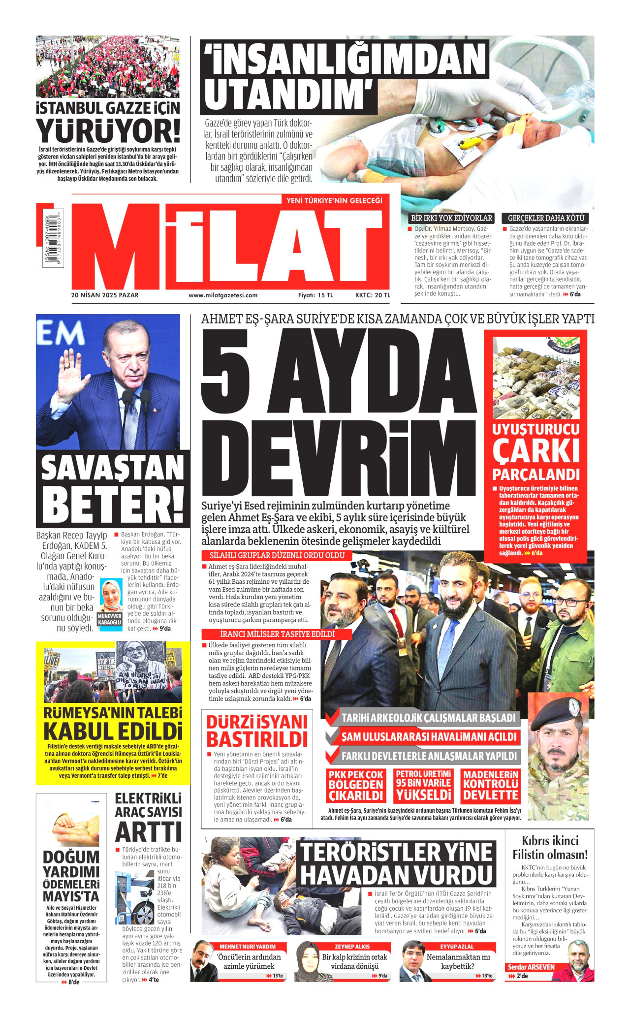 MİLAT gazetesinin 20 Nisan 2025 tarihli birinci sayfası