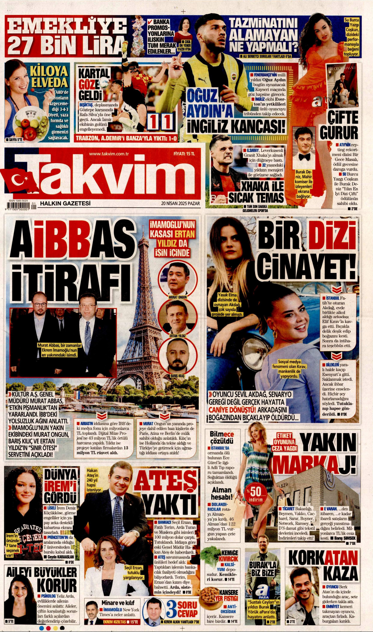 TAKVİM gazetesinin 20 Nisan 2025 tarihli birinci sayfası
