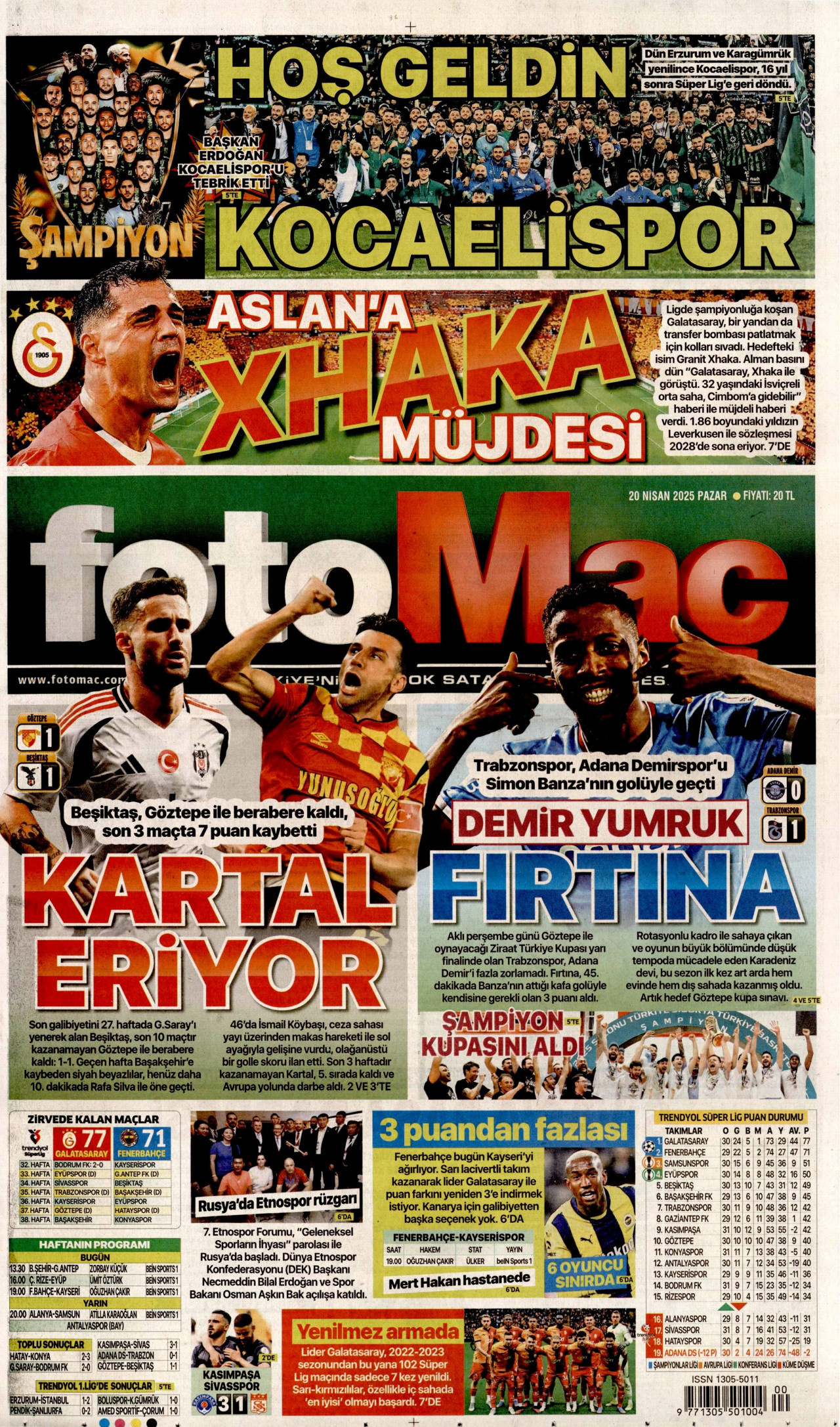 FOTOMAÇ gazetesinin 20 Nisan 2025 tarihli birinci sayfası