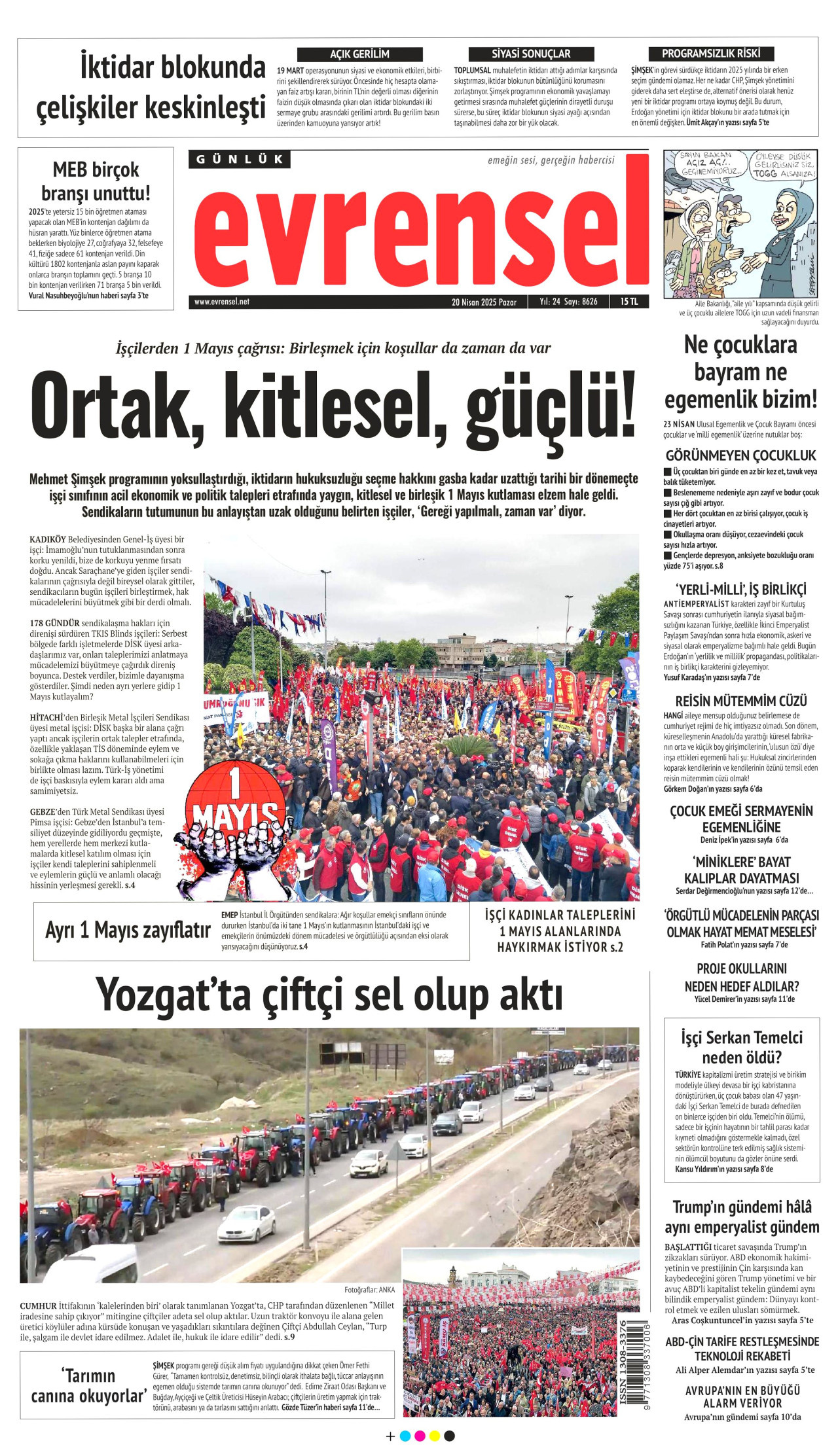EVRENSEL gazetesinin 20 Nisan 2025 tarihli birinci sayfası