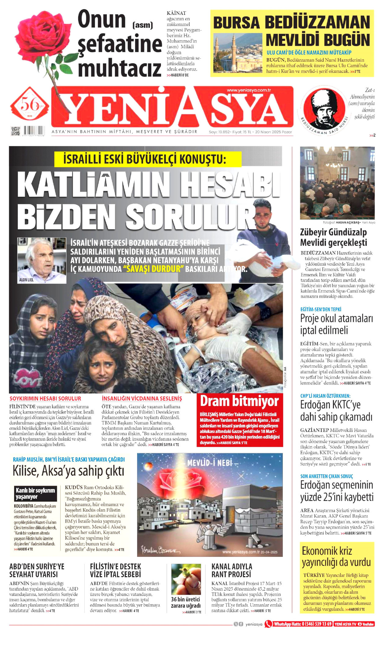 YENİ ASYA gazetesinin 20 Nisan 2025 tarihli birinci sayfası