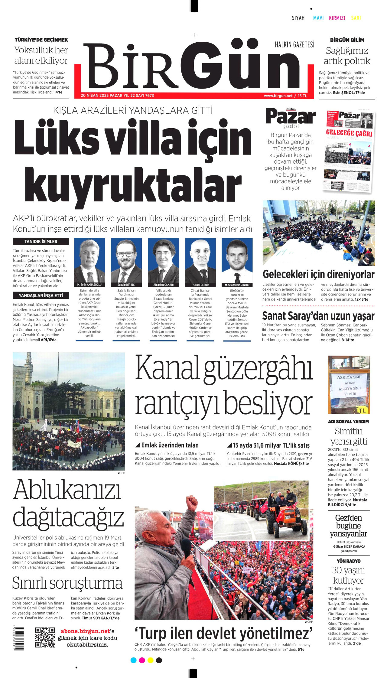 BİRGÜN gazetesinin 20 Nisan 2025 tarihli birinci sayfası