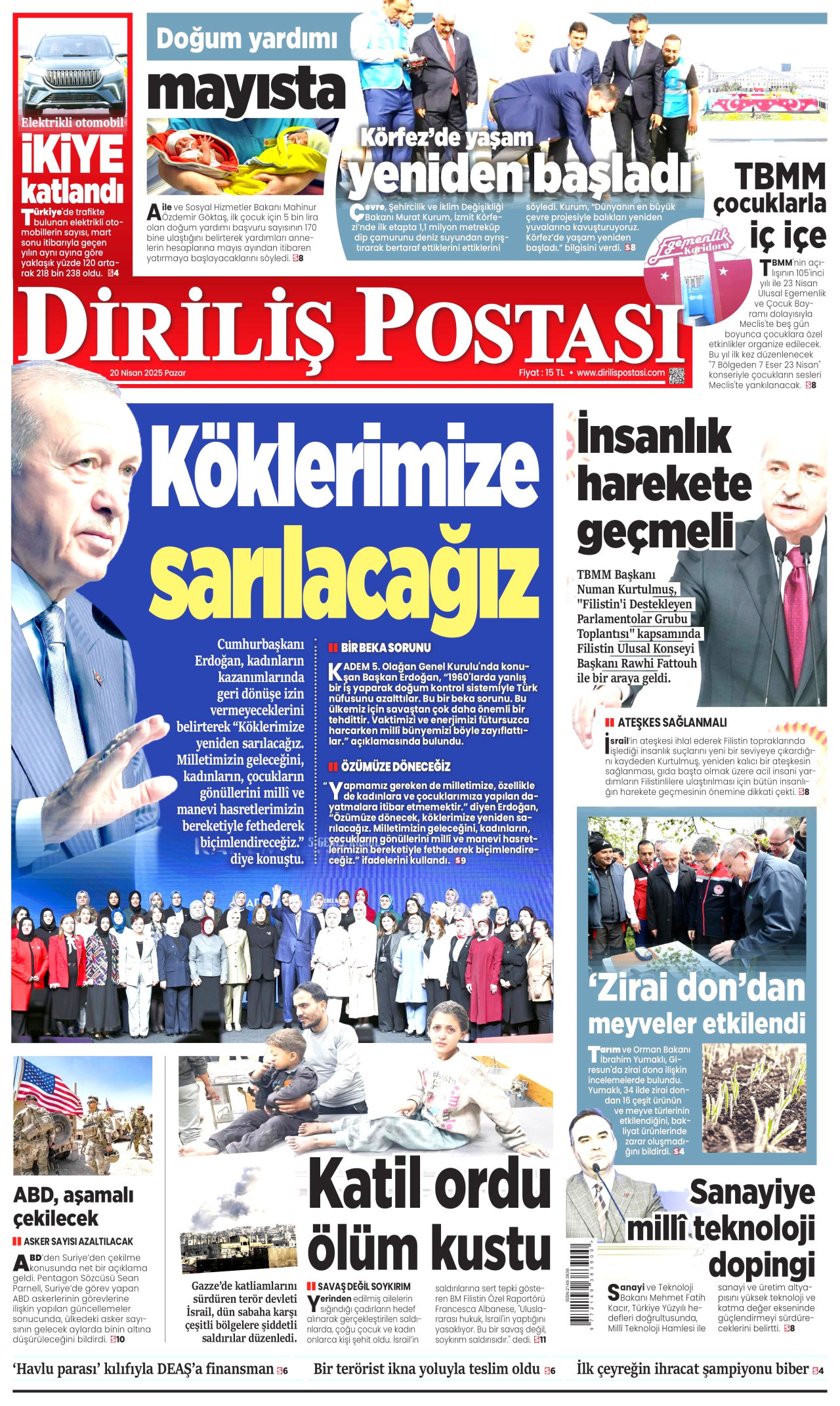 DİRİLİŞ POSTASI gazetesinin 20 Nisan 2025 tarihli birinci sayfası