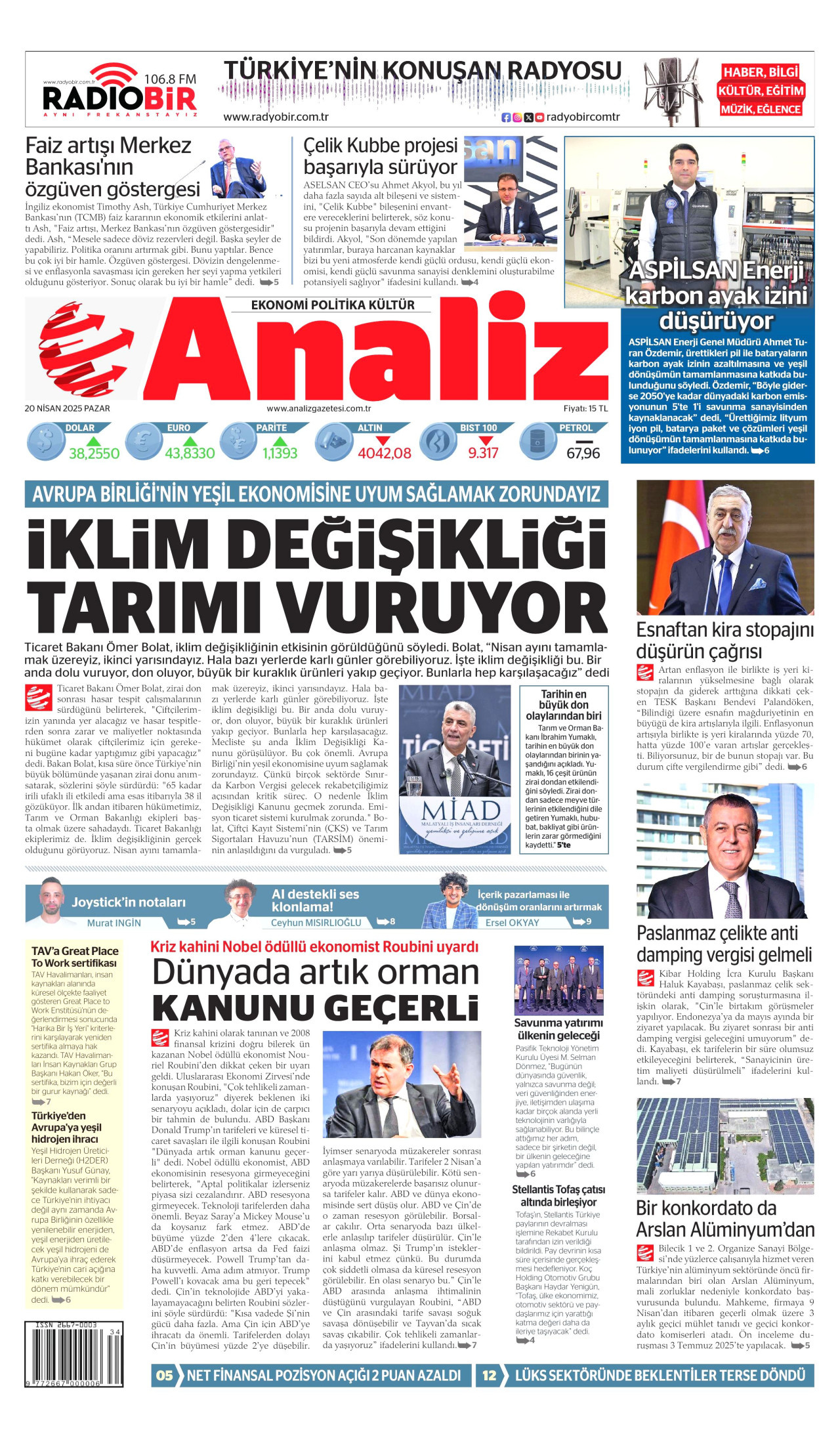 ANALİZ gazetesinin 20 Nisan 2025 tarihli birinci sayfası