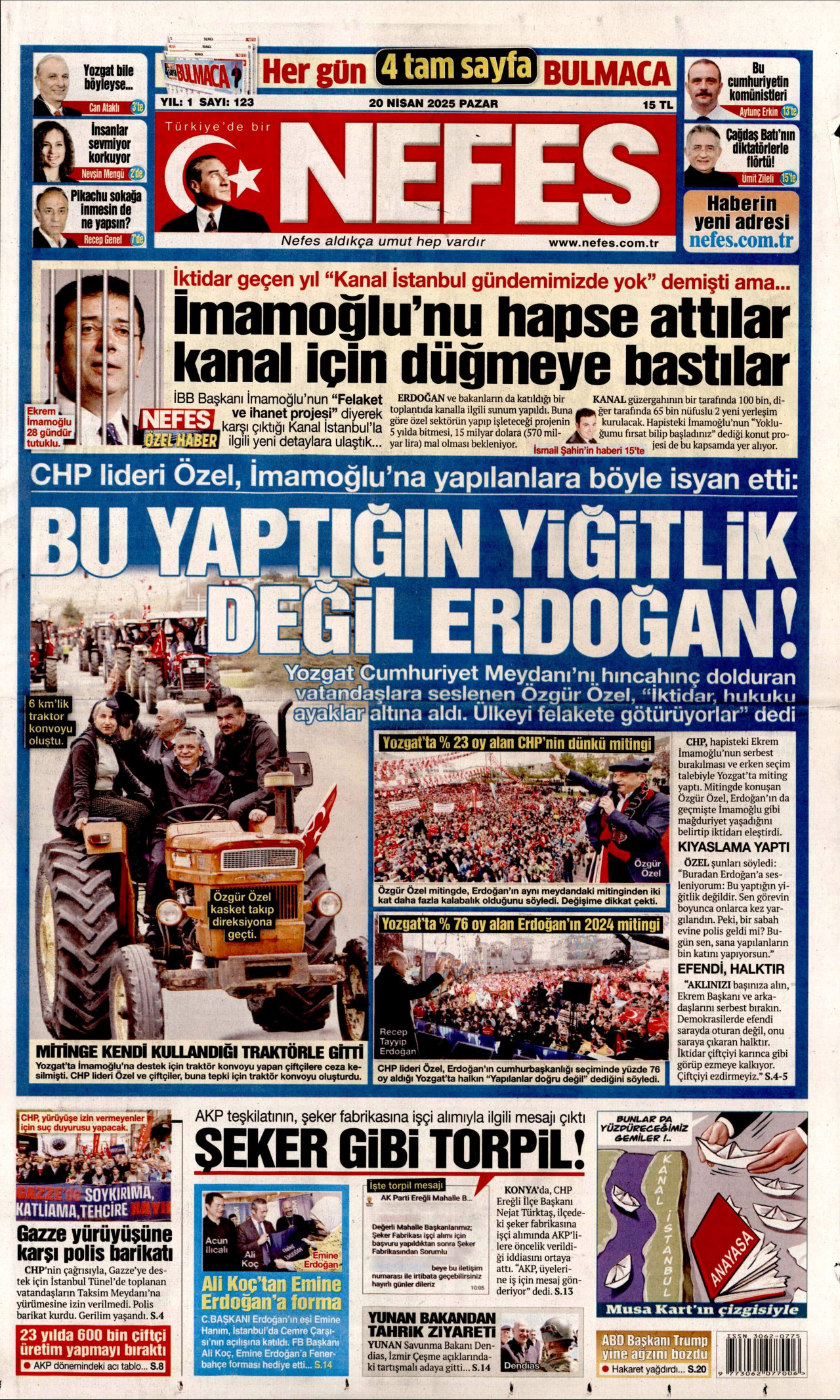 NEFES gazetesinin 20 Nisan 2025 tarihli birinci sayfası