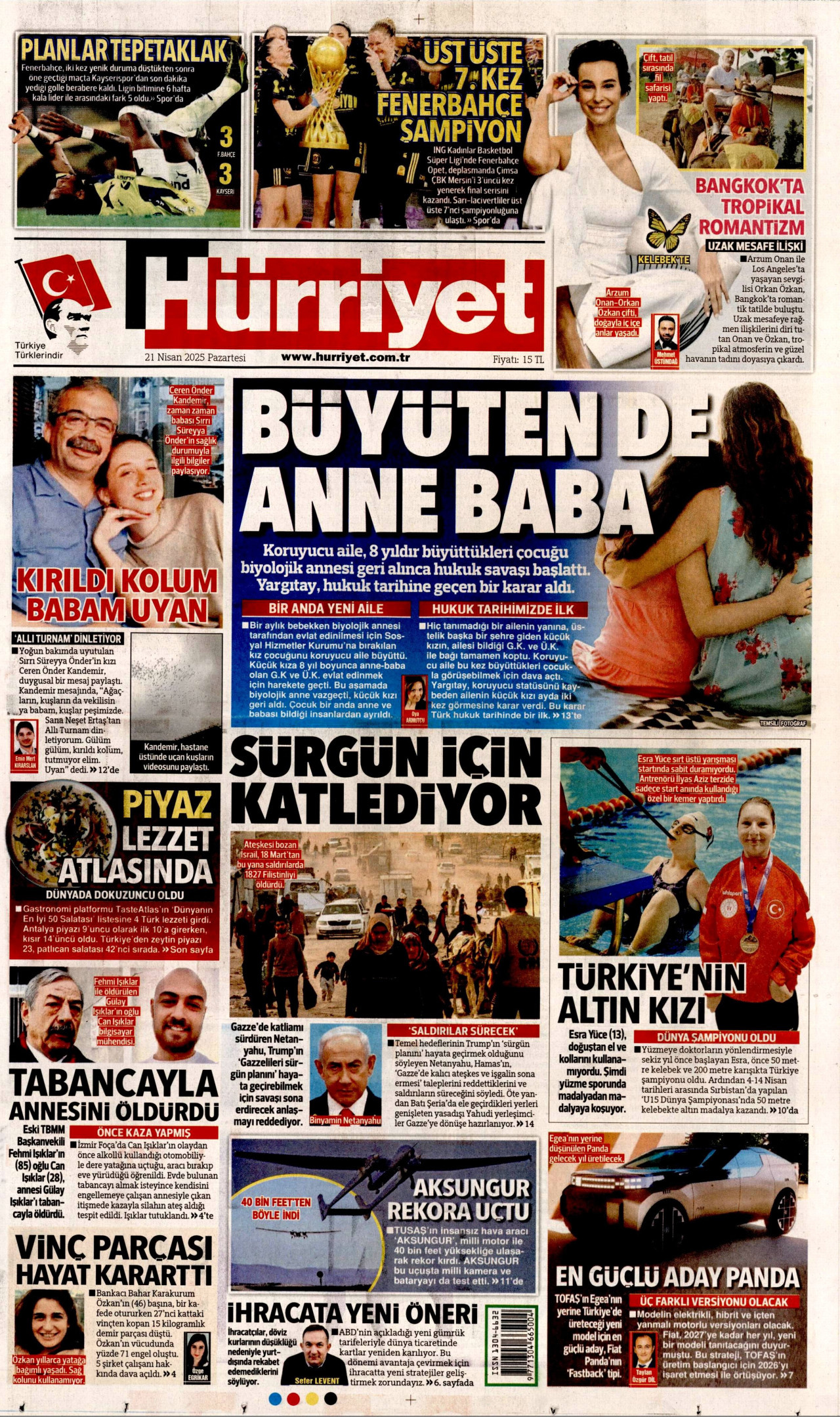 HÜRRİYET gazetesinin 21 Nisan 2025 tarihli birinci sayfası