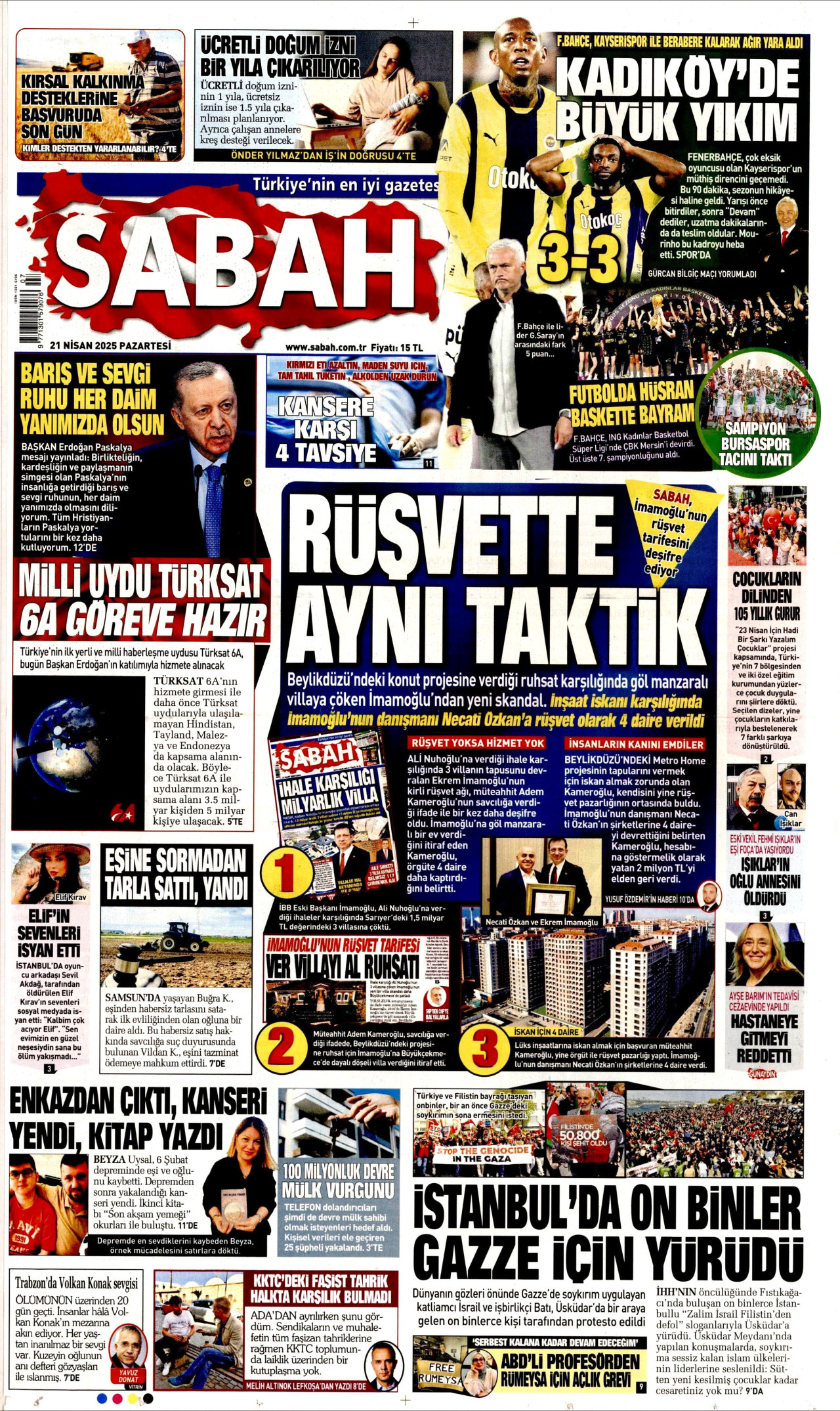 SABAH gazetesinin 21 Nisan 2025 tarihli birinci sayfası