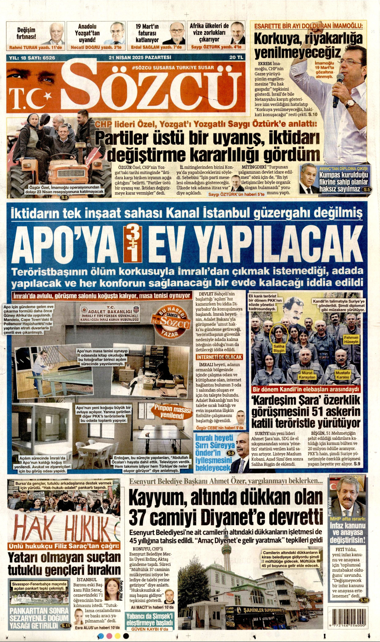 SÖZCÜ gazetesinin 21 Nisan 2025 tarihli birinci sayfası