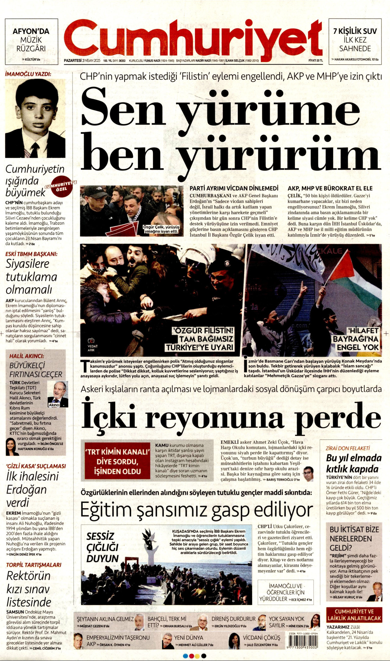CUMHURİYET gazetesinin 21 Nisan 2025 tarihli birinci sayfası
