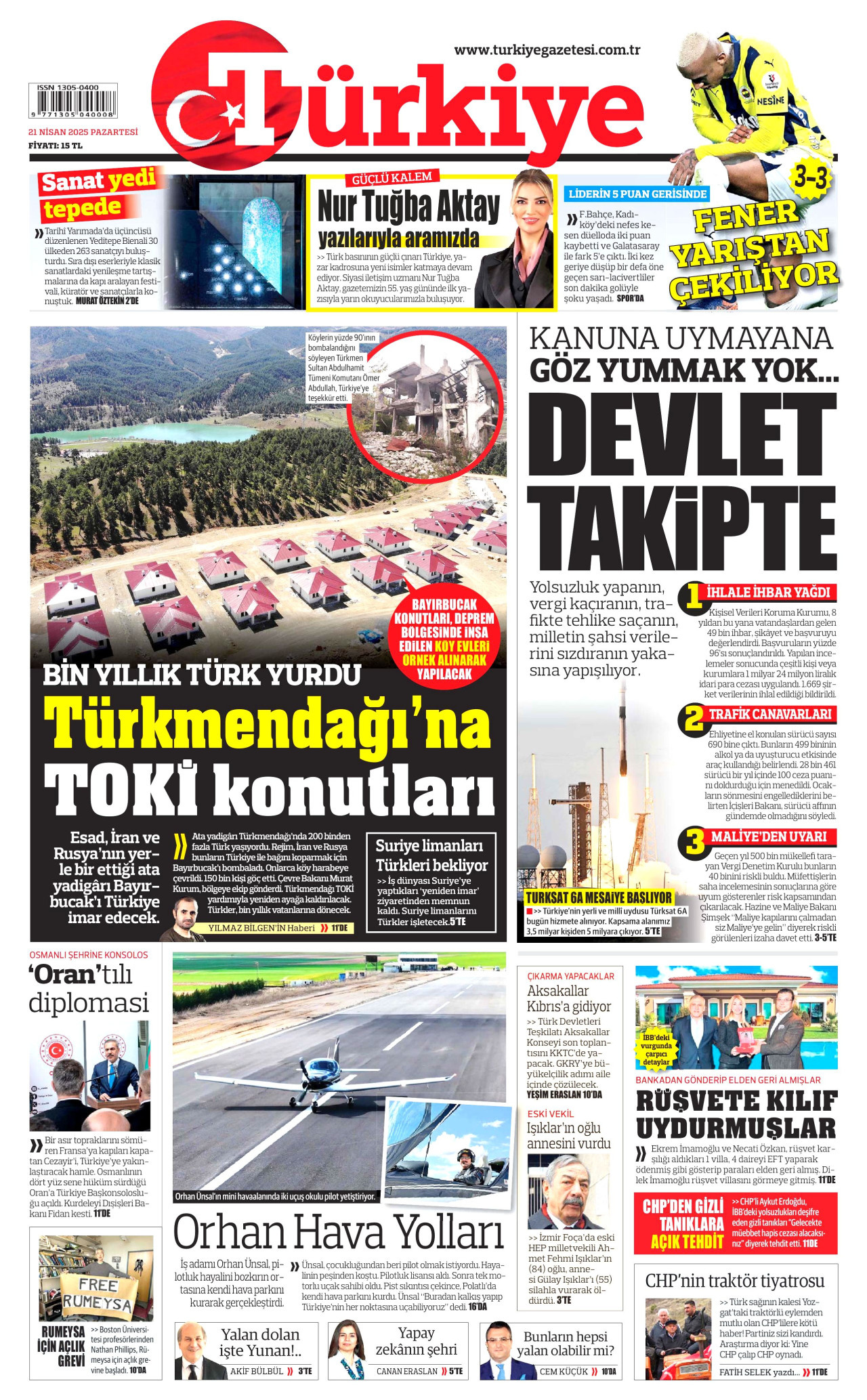 TÜRKİYE GAZETESİ gazetesinin 21 Nisan 2025 tarihli birinci sayfası
