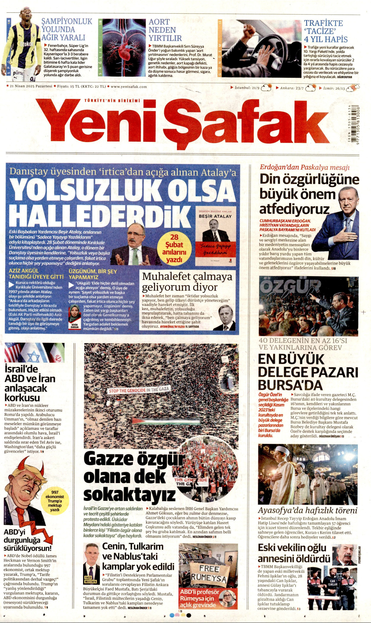 YENİ ŞAFAK gazetesinin 21 Nisan 2025 tarihli birinci sayfası