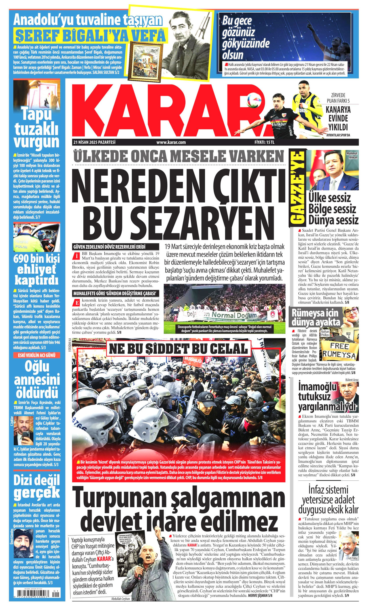 KARAR gazetesinin 21 Nisan 2025 tarihli birinci sayfası