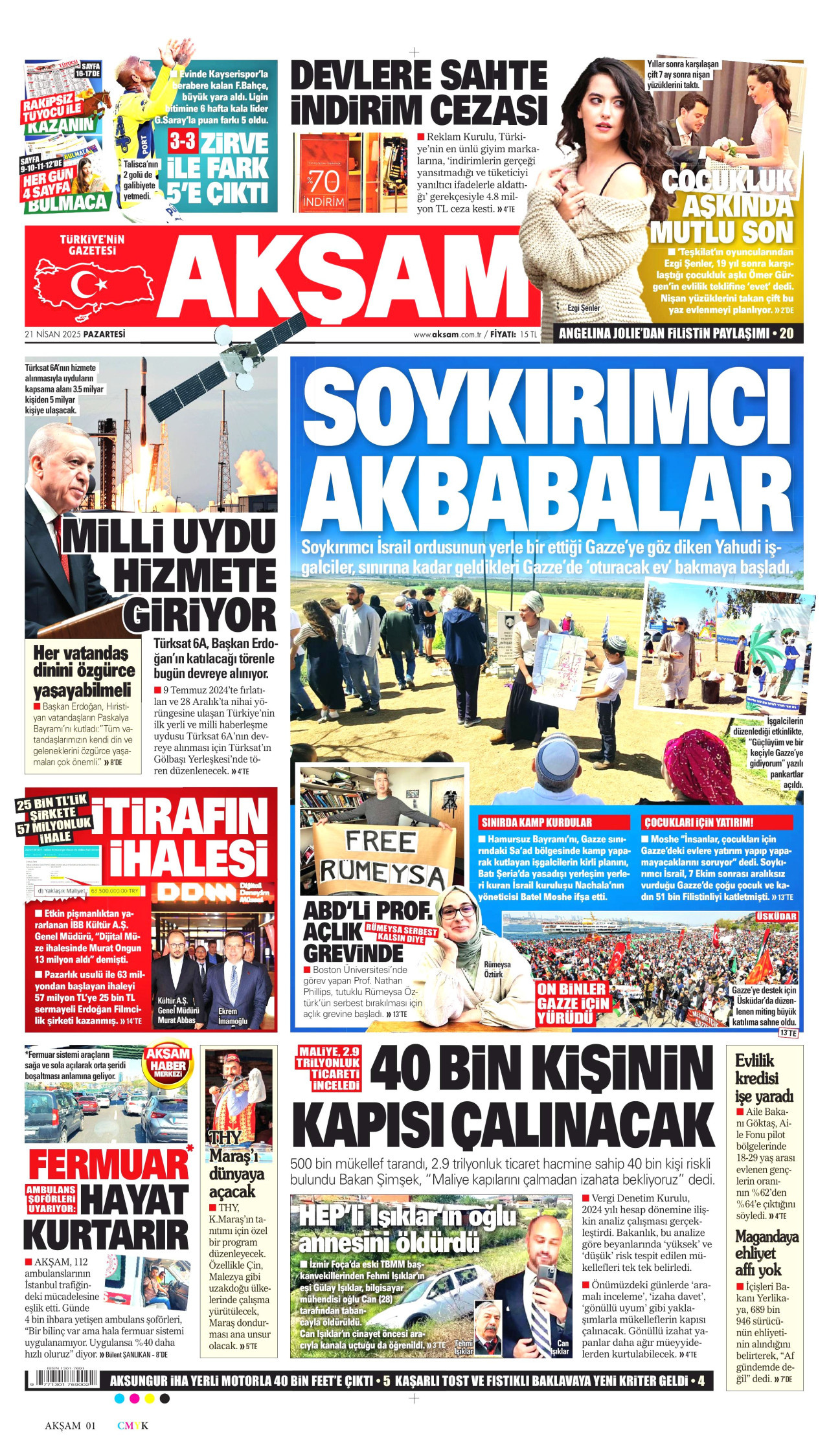 AKŞAM gazetesinin 21 Nisan 2025 tarihli birinci sayfası