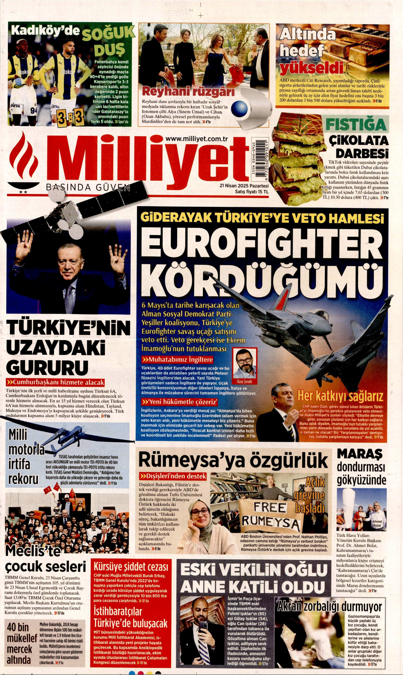 MİLLİYET gazetesinin 21 Nisan 2025 tarihli birinci sayfası
