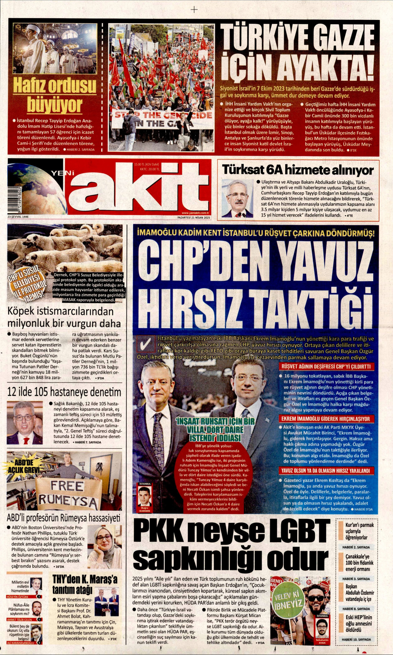 YENİ AKİT gazetesinin 21 Nisan 2025 tarihli birinci sayfası