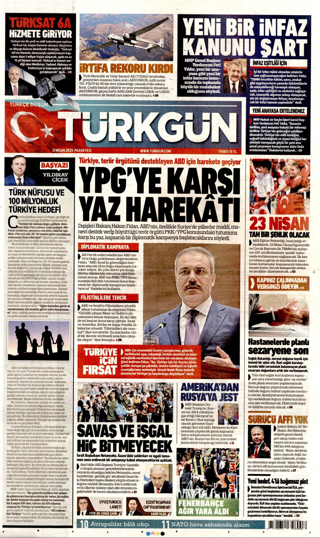 TÜRKGÜN gazetesinin 21 Nisan 2025 tarihli birinci sayfası