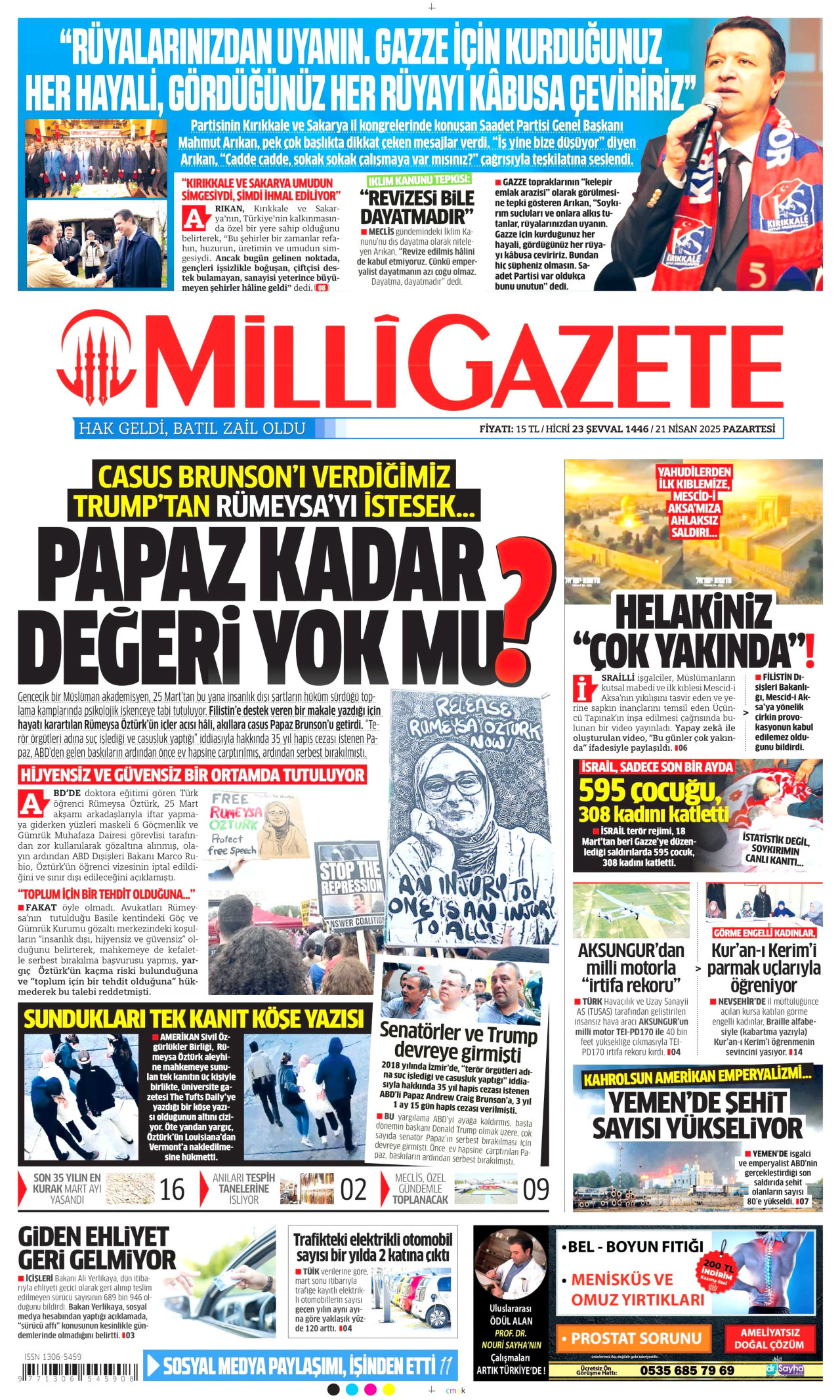 MİLLİ GAZETE gazetesinin 21 Nisan 2025 tarihli birinci sayfası