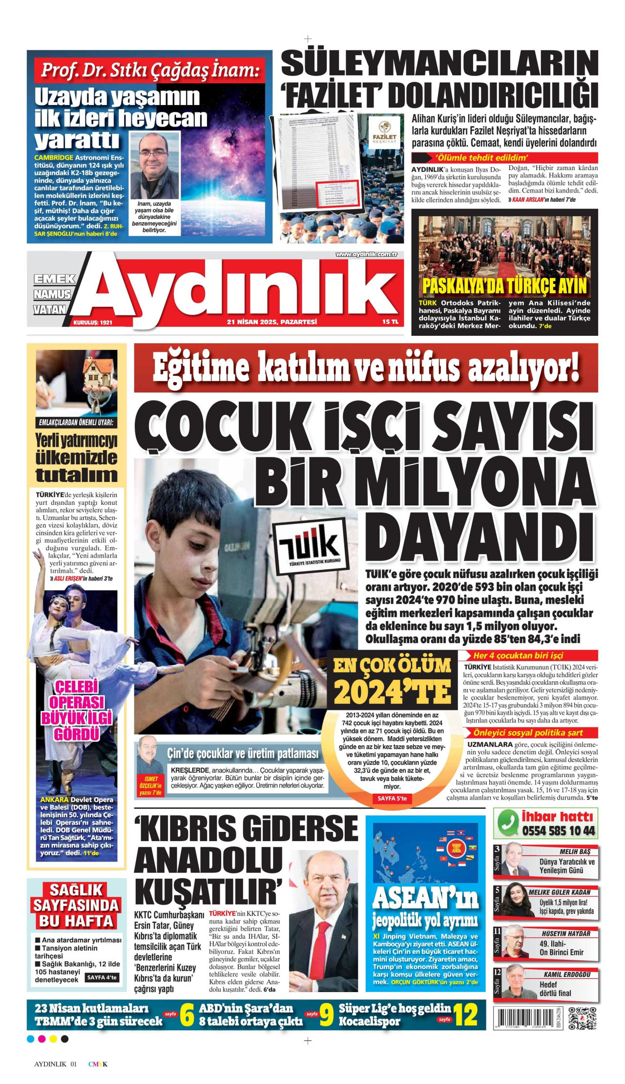 AYDINLIK GAZETESİ gazetesinin 21 Nisan 2025 tarihli birinci sayfası