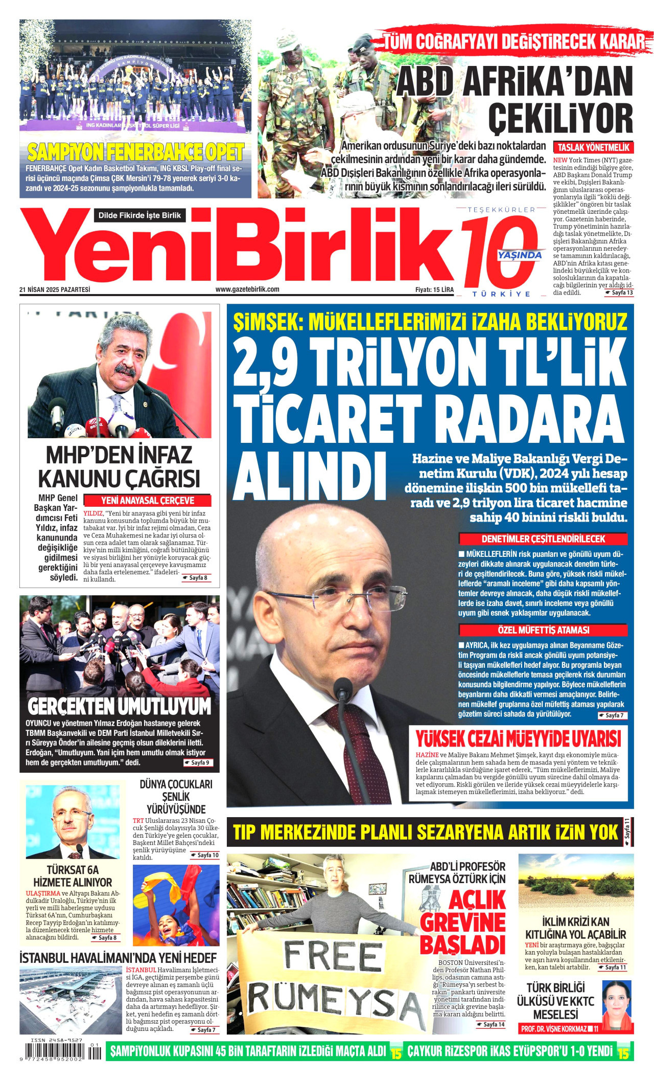 YENİBİRLİK gazetesinin 21 Nisan 2025 tarihli birinci sayfası