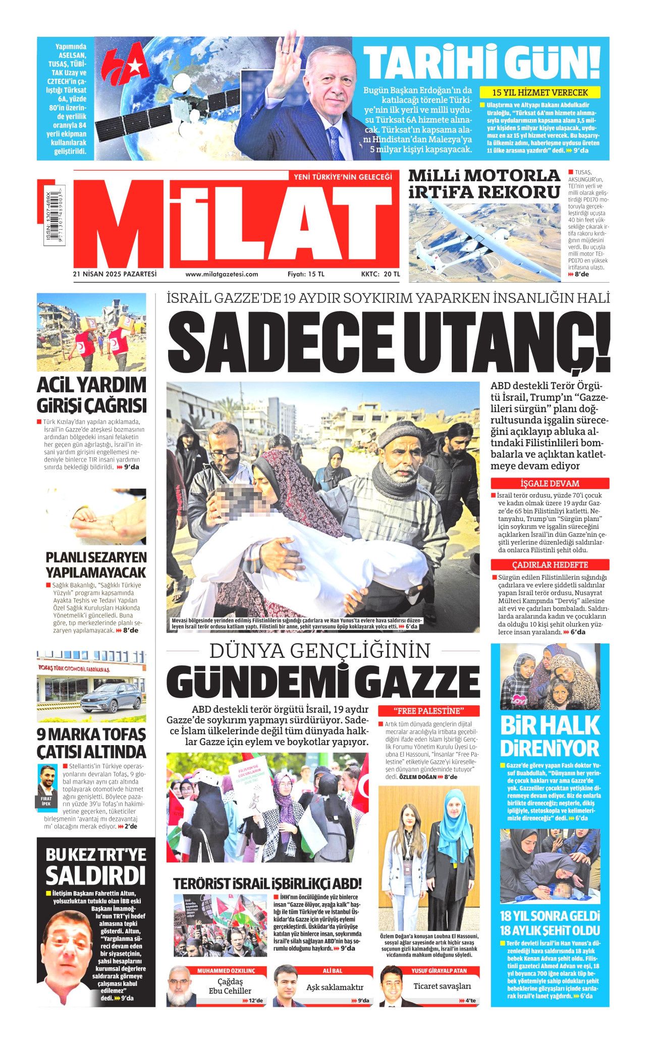 MİLAT gazetesinin 21 Nisan 2025 tarihli birinci sayfası