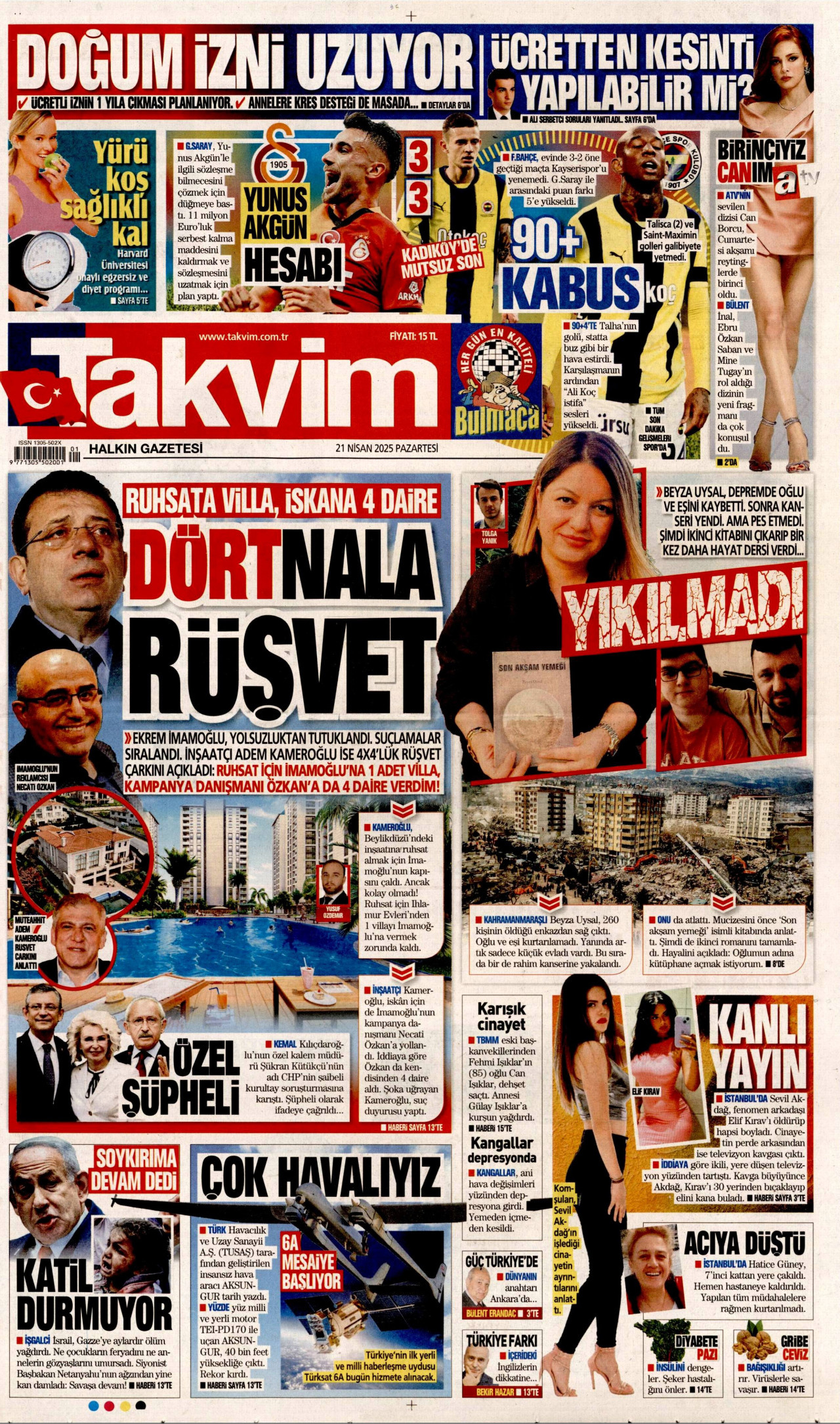 TAKVİM gazetesinin 21 Nisan 2025 tarihli birinci sayfası