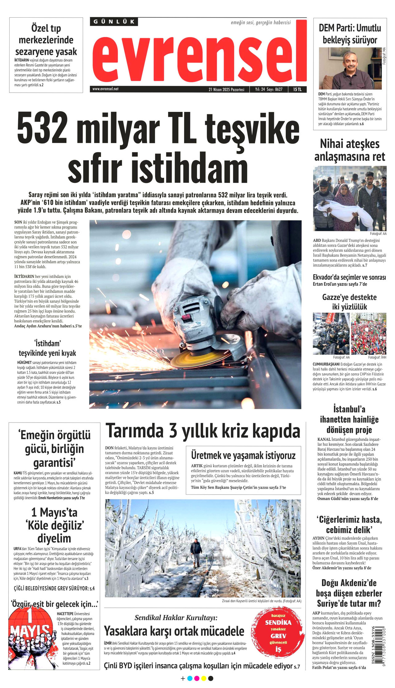 EVRENSEL gazetesinin 21 Nisan 2025 tarihli birinci sayfası