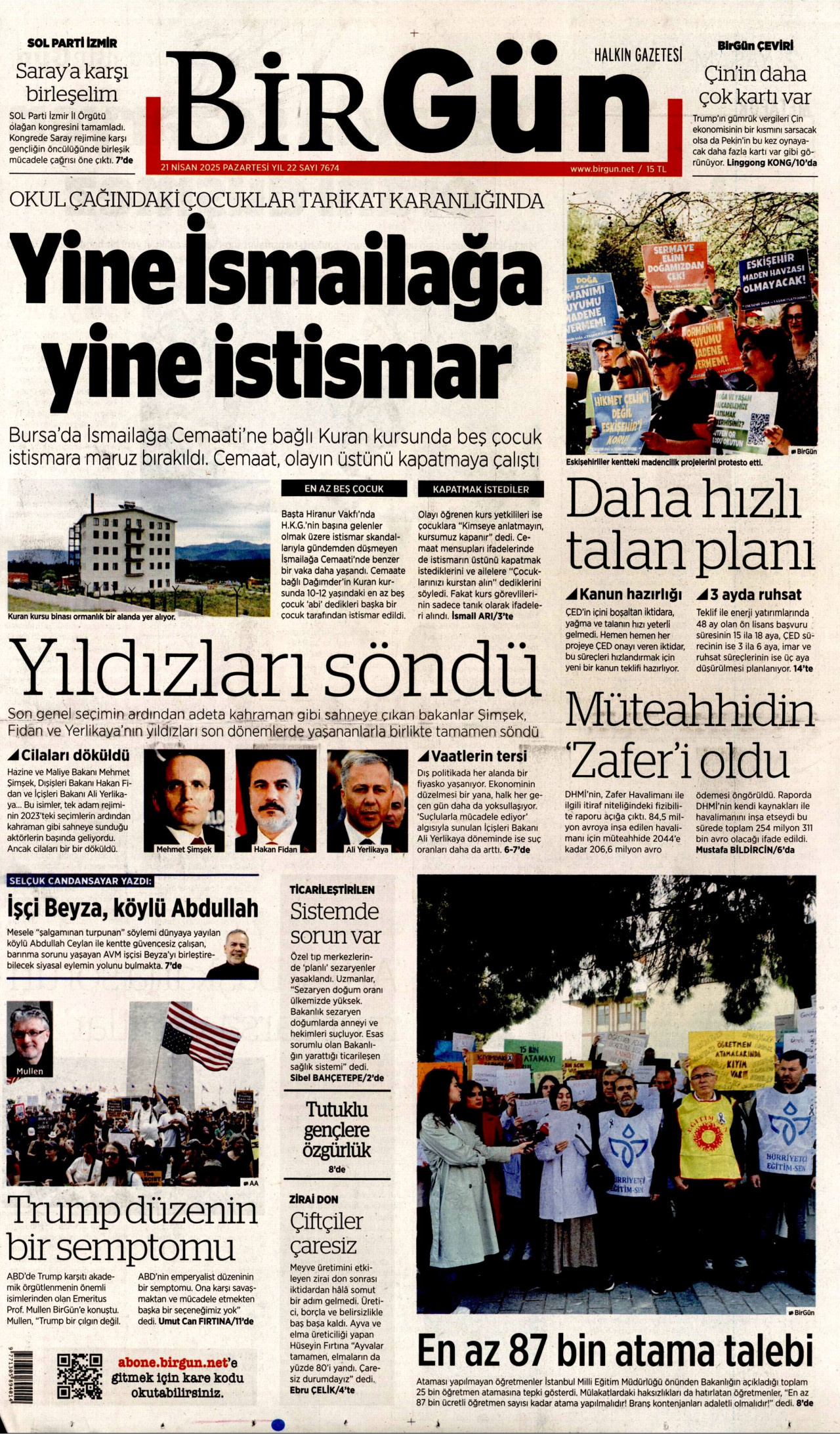 BİRGÜN gazetesinin 21 Nisan 2025 tarihli birinci sayfası