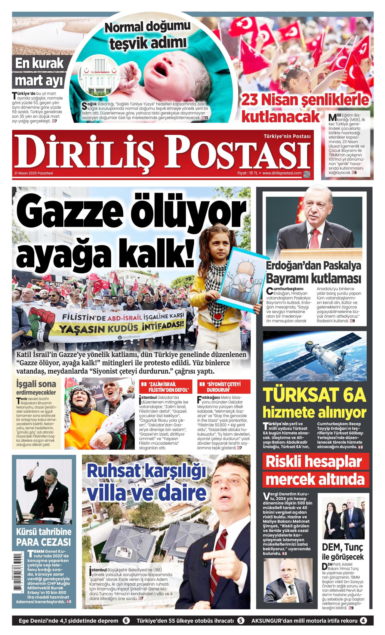 DİRİLİŞ POSTASI gazetesinin 21 Nisan 2025 tarihli birinci sayfası