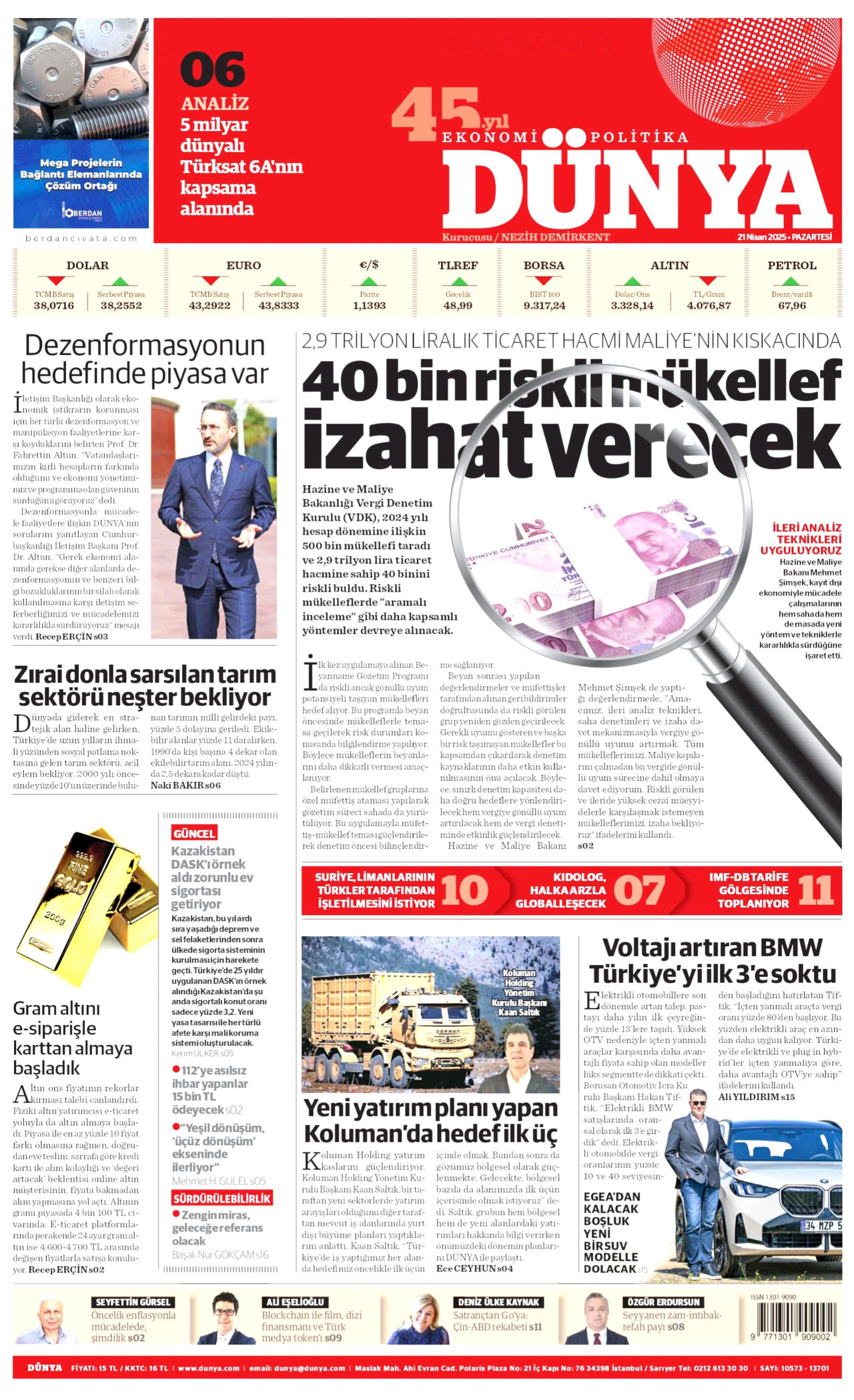 DÜNYA gazetesinin 21 Nisan 2025 tarihli birinci sayfası