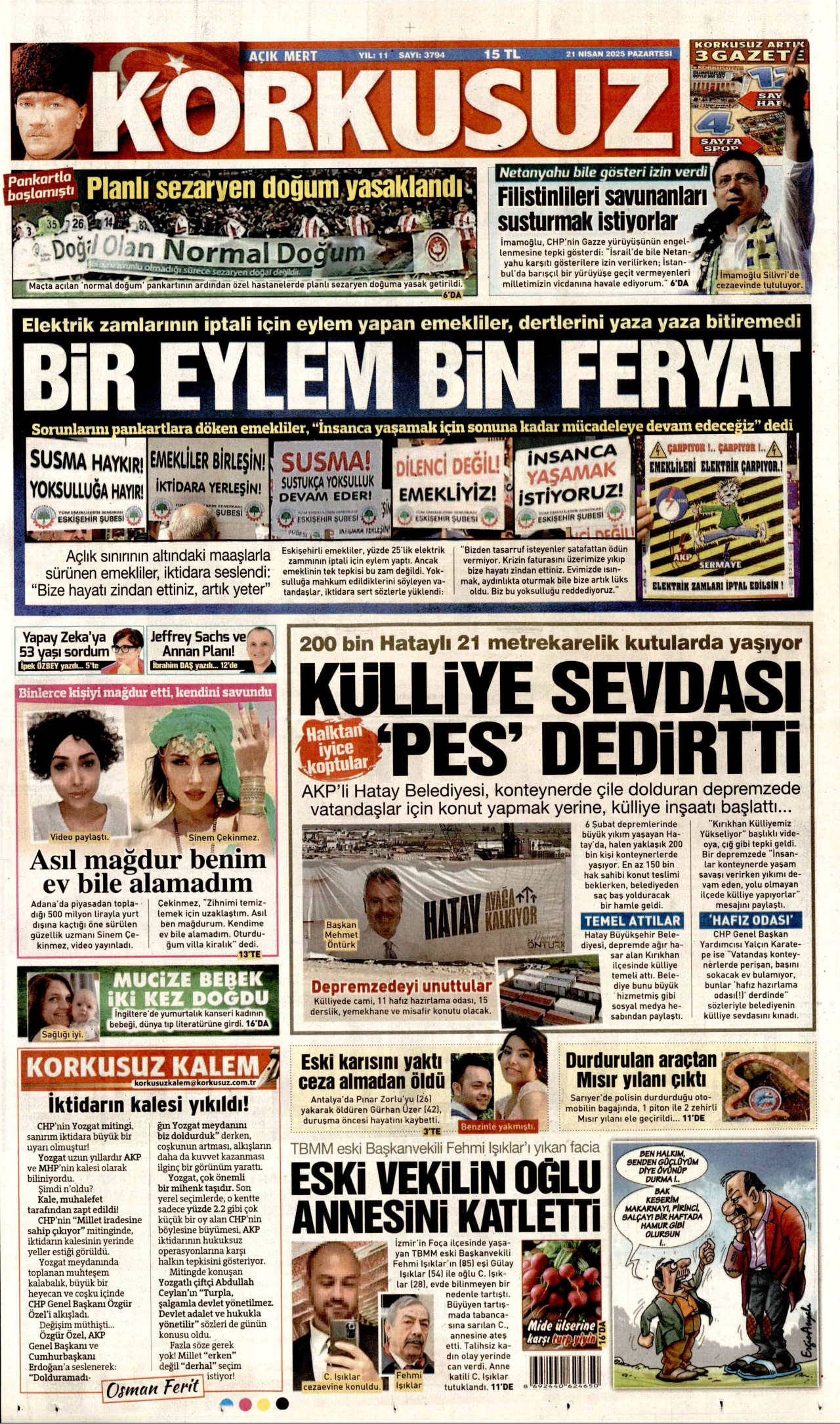 KORKUSUZ gazetesinin 21 Nisan 2025 tarihli birinci sayfası