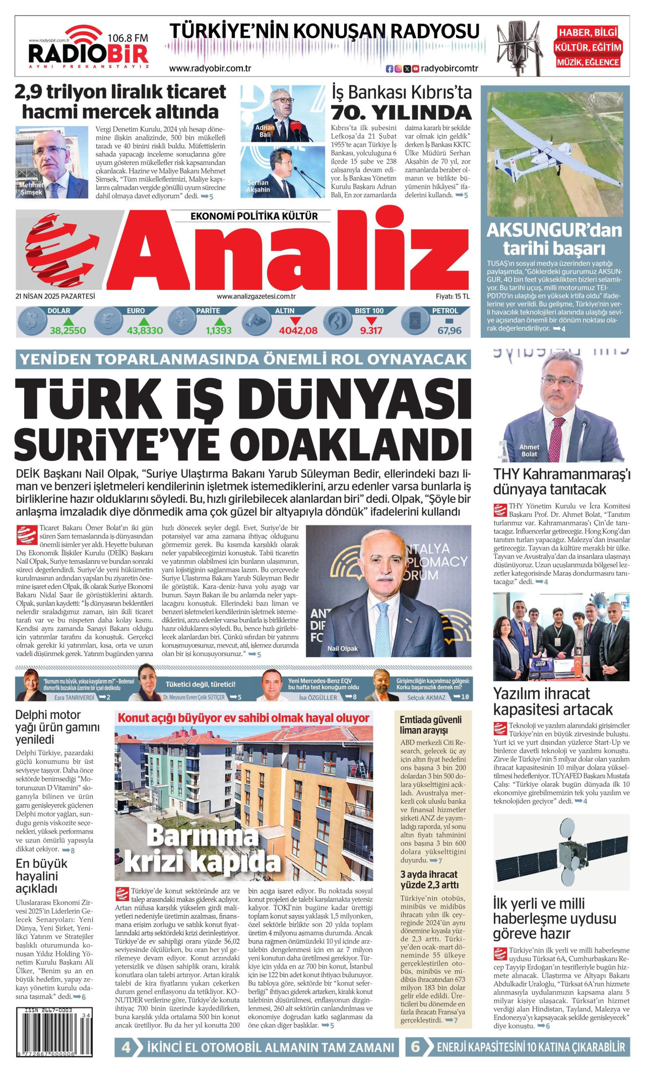 ANALİZ gazetesinin 21 Nisan 2025 tarihli birinci sayfası