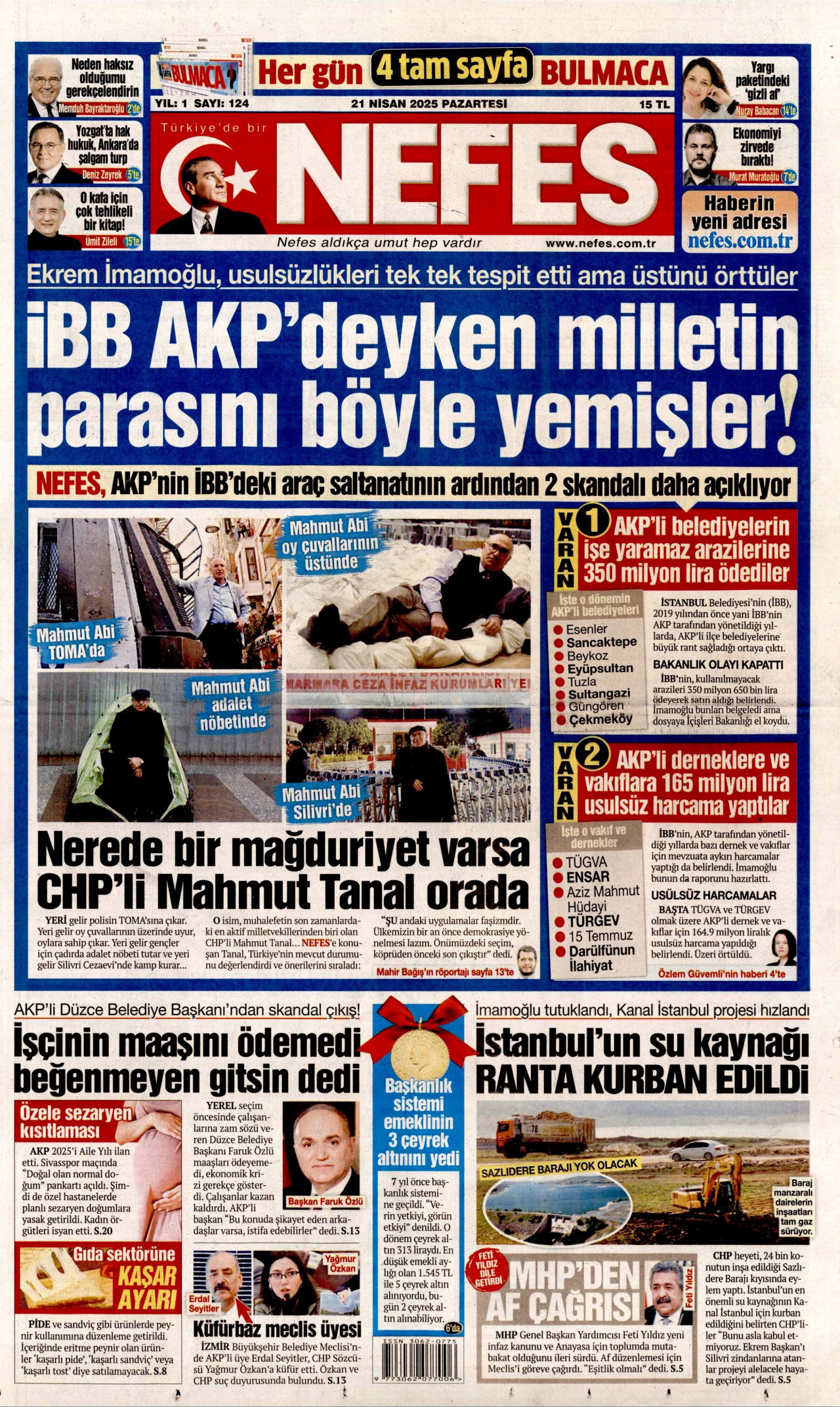 NEFES gazetesinin 21 Nisan 2025 tarihli birinci sayfası