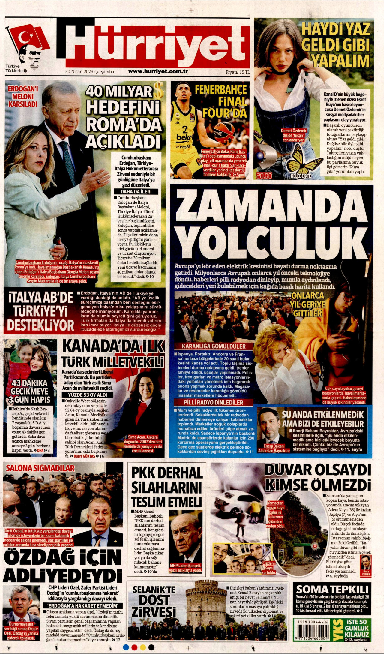 HÜRRİYET gazetesinin 30 Nisan 2025 tarihli birinci sayfası